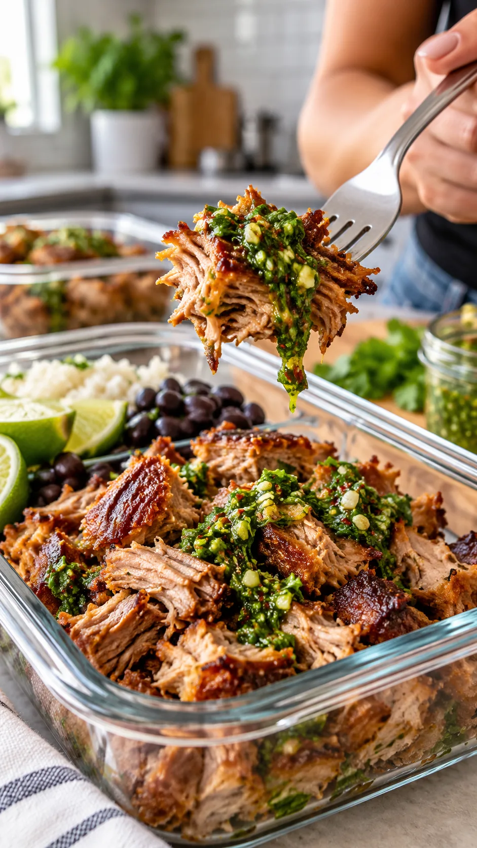 Close up shot of a person using a fork to lift a bite of crispy carnitas topped with bright chimichurri sauce from a modern glass meal prep container, kitchen background.