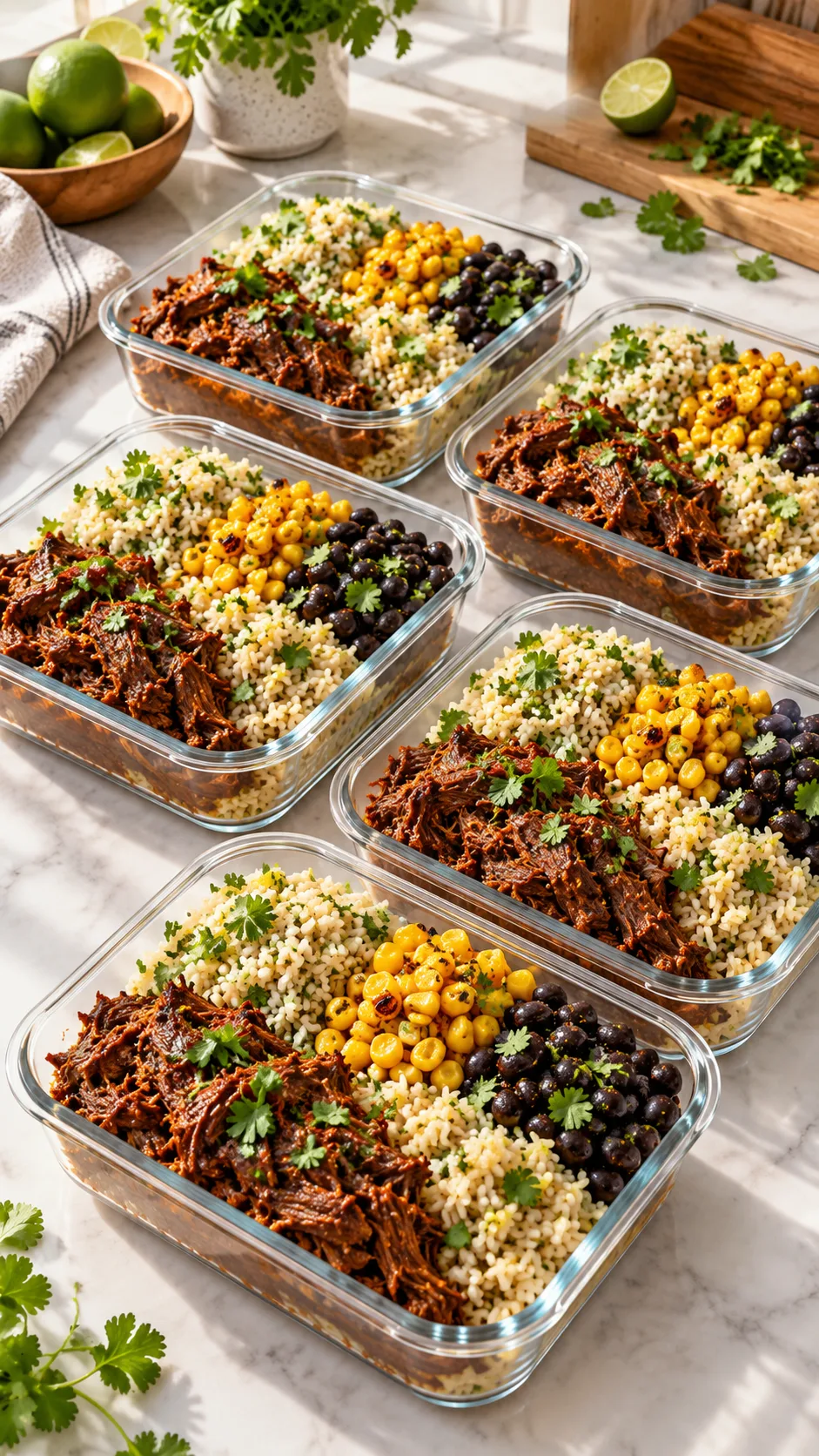 A clean, bright countertop featuring five identical glass meal prep containers filled with colorful chipotle barbacoa beef, cilantro lime brown rice, roasted sweet corn, and black beans, shot from a 45-degree angle in natural morning sunlight.