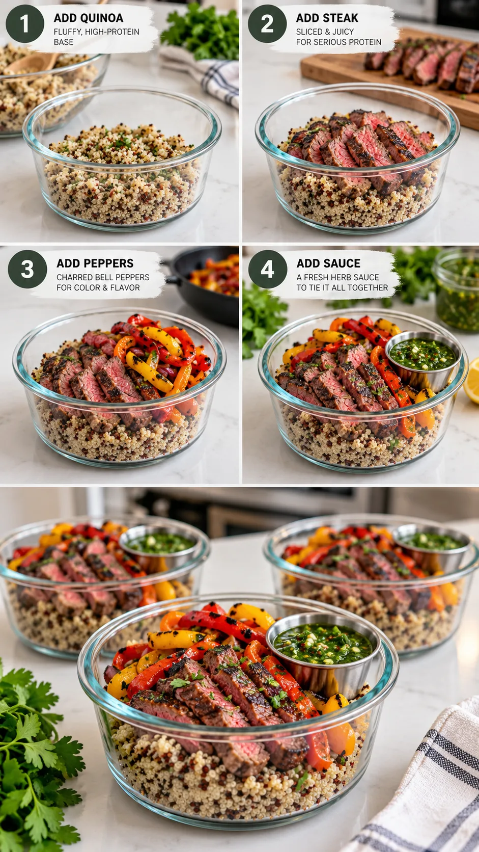 Step-by-step assembly of high-protein glass meal prep bowls showing separate layering of fluffy quinoa, sliced grilled steak, charred bell peppers, and a small metal dipping cup of green herb sauce on a white kitchen island.
