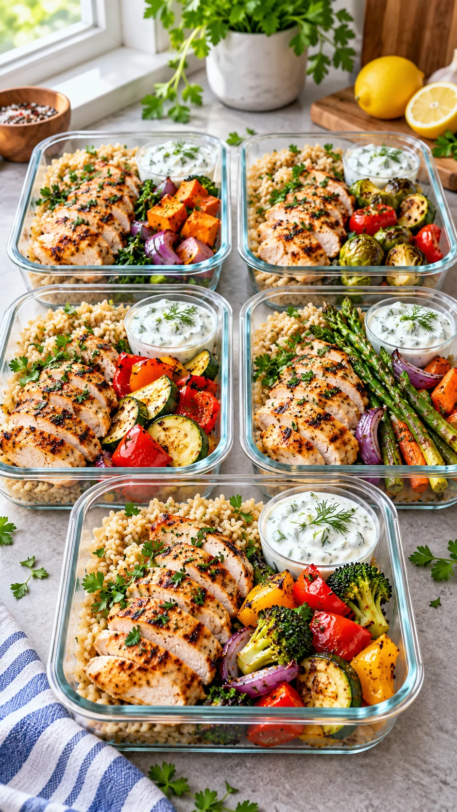 Bright realistic food photography of five colorful low calorie meal prep containers arranged on a kitchen counter, each container with grilled chicken, roasted vegetables, brown rice, Greek yogurt dip, and fresh herbs, natural window light, clean healthy lifestyle aesthetic