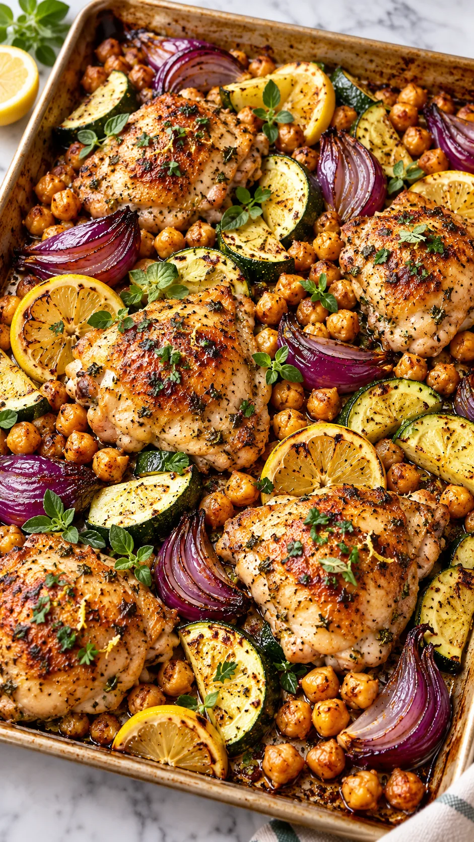 A golden sheet pan fresh from the oven, loaded with roasted lemon oregano chicken thigh pieces, crispy golden chickpeas, caramelized red onion wedges, and roasted zucchini slices, garnished with fresh herbs.