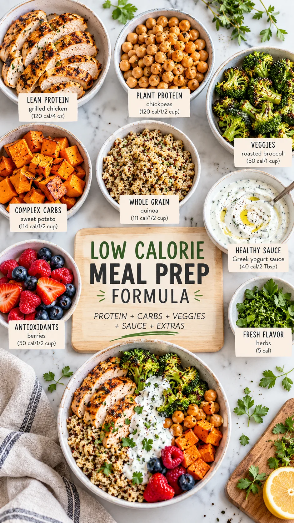 Overhead realistic food photography showing a low calorie meal prep formula layout, labeled-style ingredients in separate bowls including grilled chicken, chickpeas, roasted broccoli, sweet potato, quinoa, Greek yogurt sauce, berries, and herbs, bright kitchen background