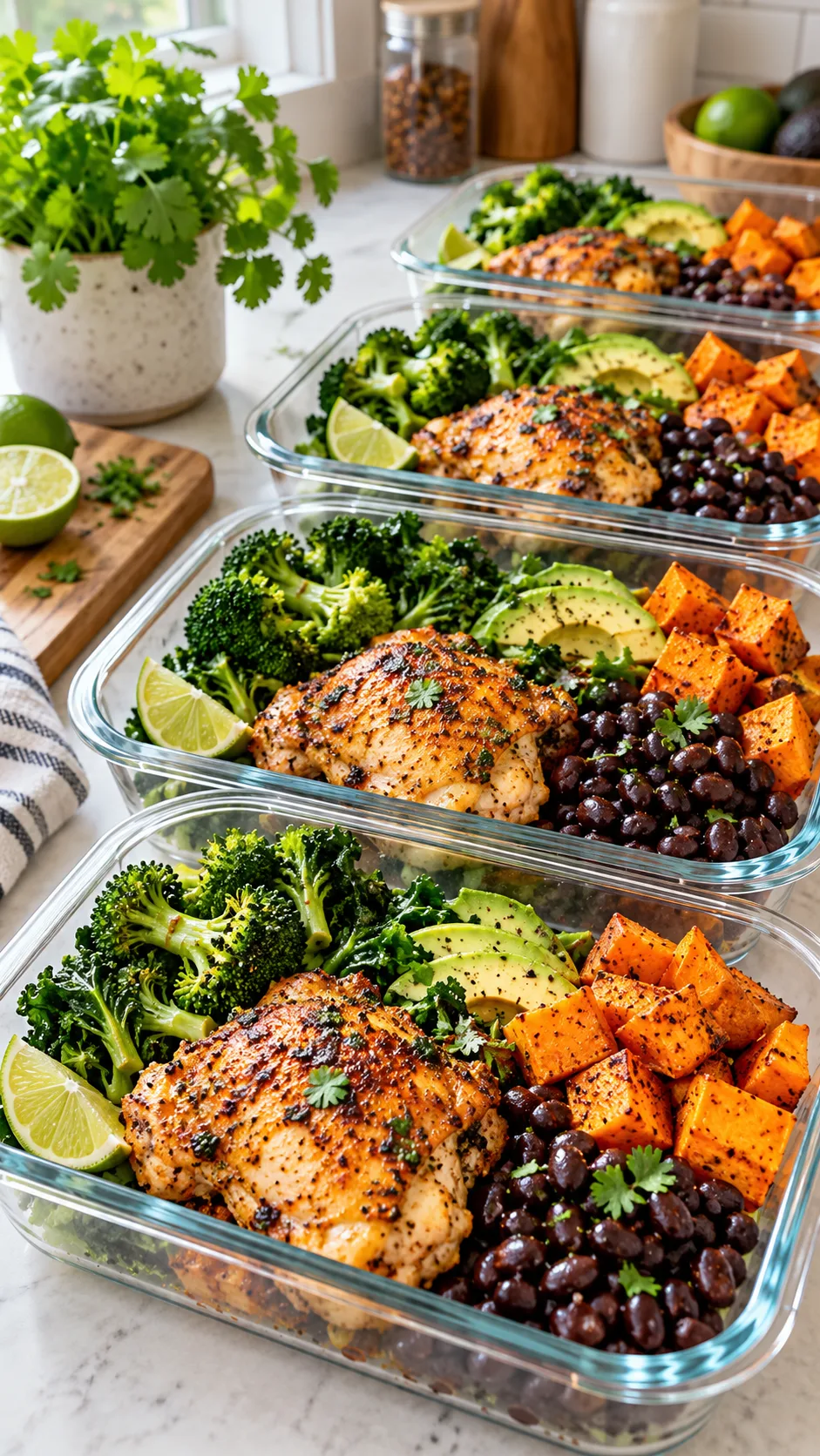 A clean kitchen counter lined with glass meal prep containers filled with colorful high-protein dinners, featuring seasoned chicken thighs, black beans, sweet potatoes, and green veggies in bright natural lighting