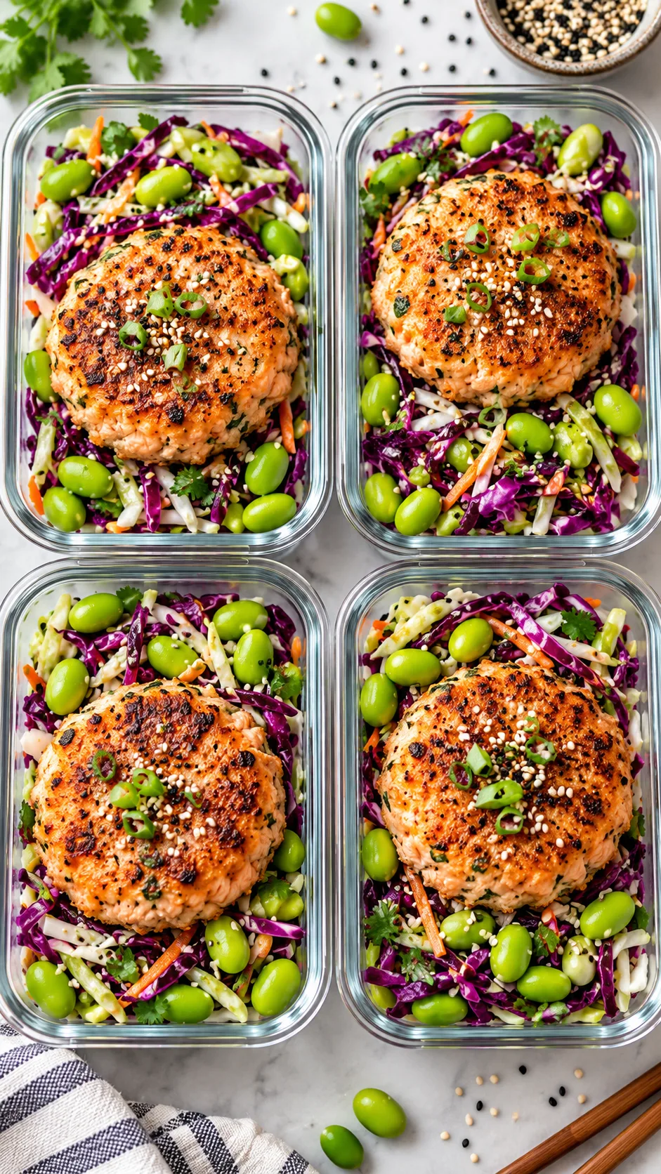 Four glass lunch boxes packed with golden-crusted pan-seared salmon patties resting on top of vibrant purple and green shredded cabbage slaw tossed with bright green shelled edamame beans and toasted sesame seeds.