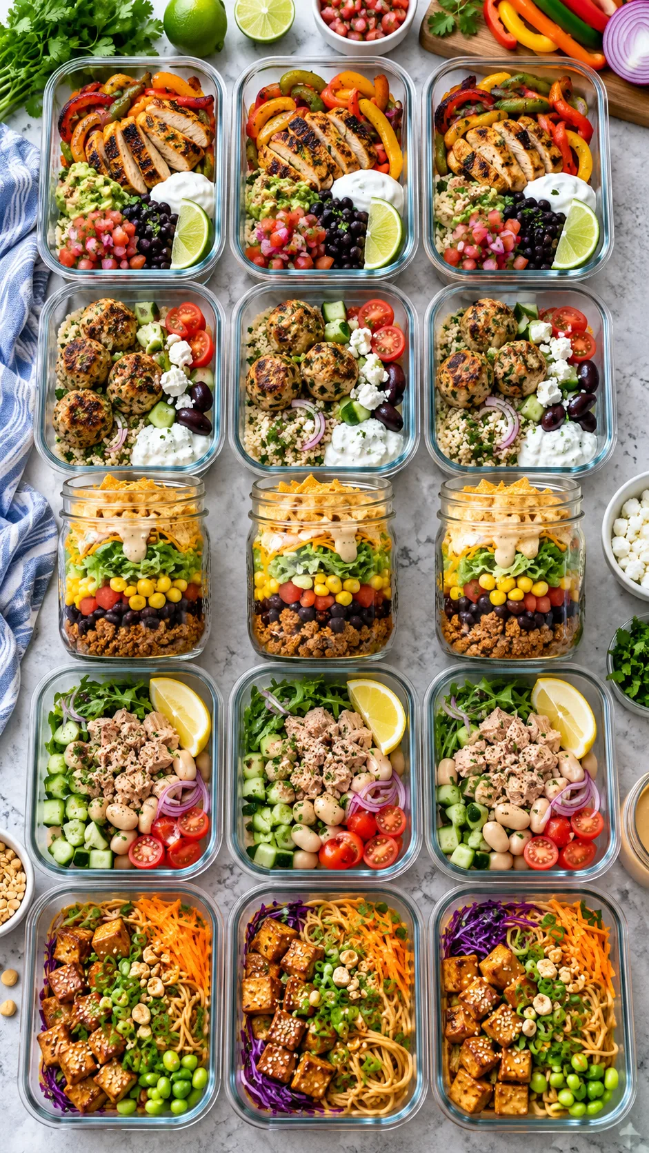 Realistic overhead food photography of meal prep containers featuring chicken fajita bowls, turkey Mediterranean meatball boxes, taco salad jars, tuna white bean bowls, and tofu peanut noodle bowls, colorful fresh ingredients, natural daylight, clean meal prep countertop