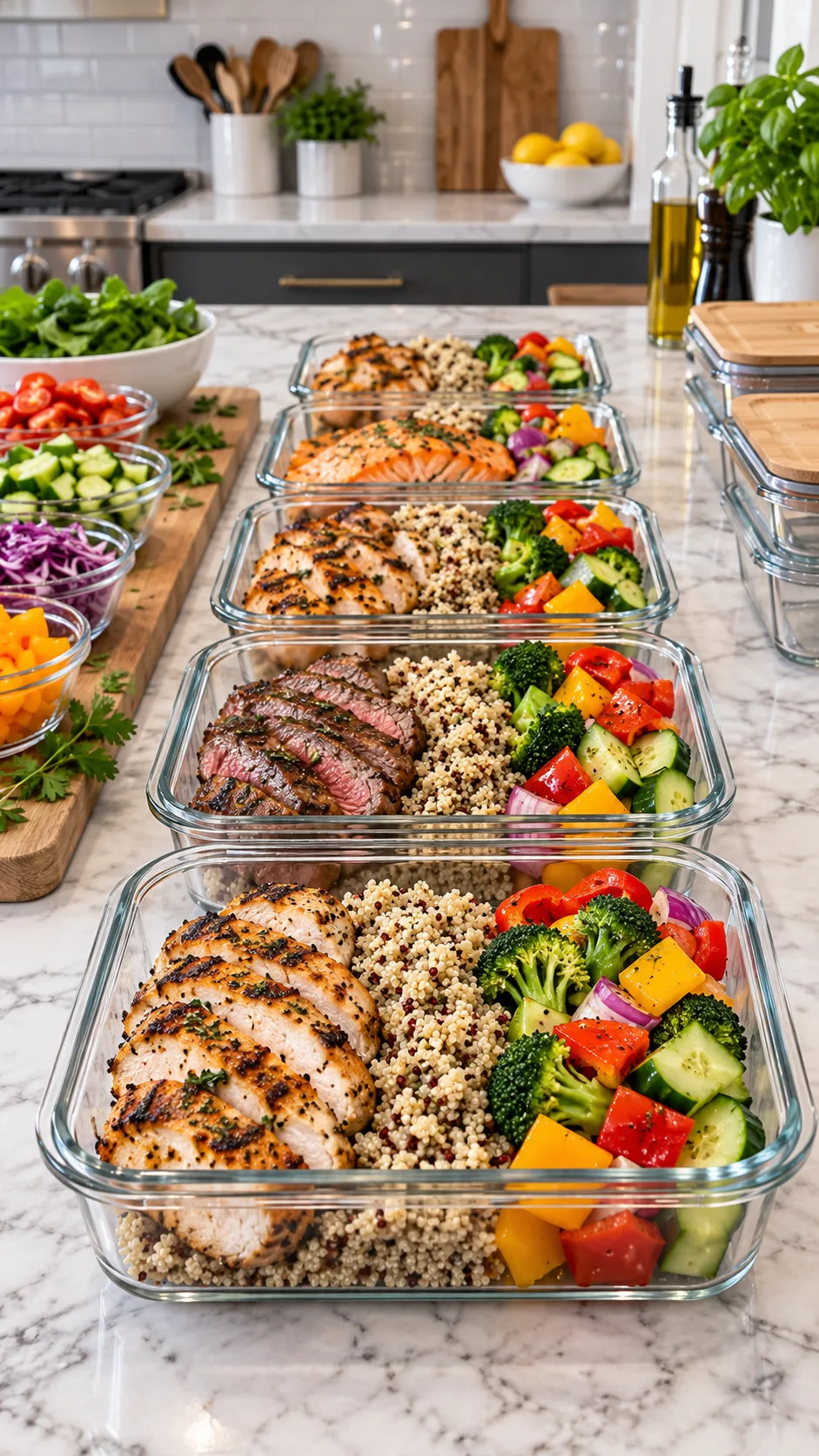 An organized kitchen prep station with glass food storage containers lined up in an assembly line on a marble counter, containing measured portions of grilled meats, quinoa, and colorful chopped vegetables.