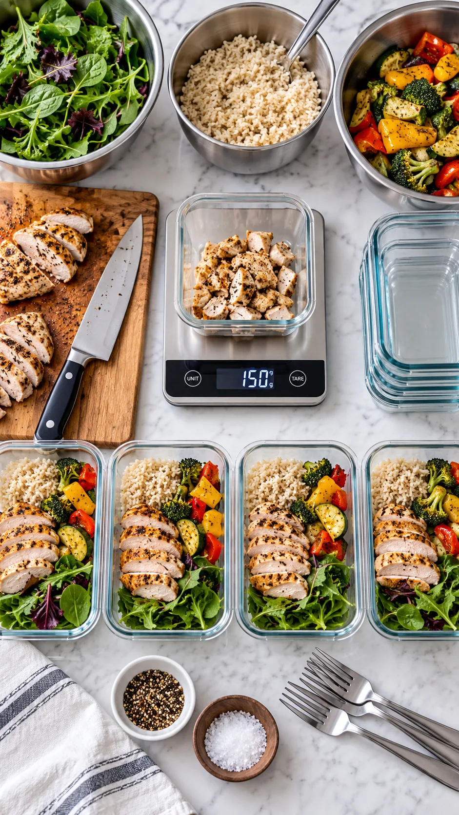 Overhead view of an organized kitchen counter during meal prep: glass containers lined up, digital food scale measuring cooked chicken, with stainless steel bowls and clean cutlery nearby