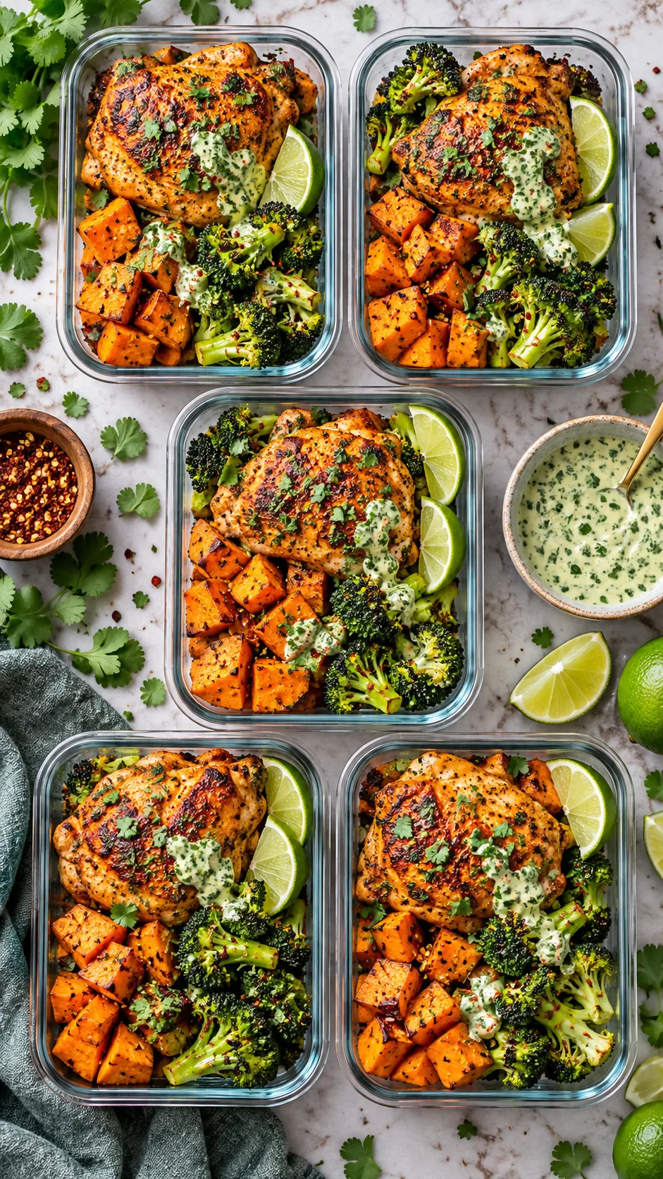 Overhead aesthetic flat lay of five colorful meal prep containers with vibrant seasoned chicken thighs, roasted sweet potatoes, charred broccoli, fresh lime wedges, and homemade herb dressing