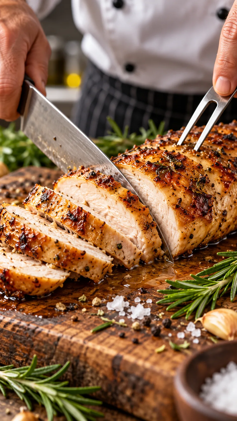 Close-up of a chef carving a golden-brown, seared chicken breast on a rustic wooden cutting board, glistening with juices, with fresh rosemary sprigs and sea salt nearby