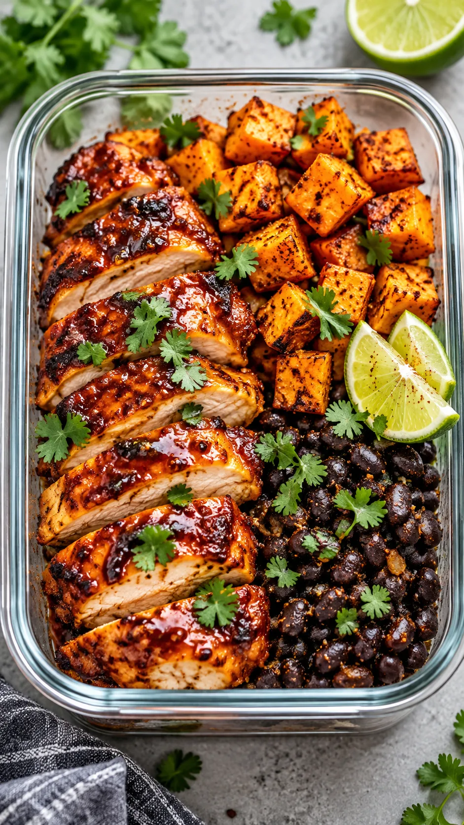 Meal prep container featuring glazed chipotle chicken thighs sliced neatly beside roasted cubed sweet potatoes and seasoned black beans, garnished with fresh cilantro and lime