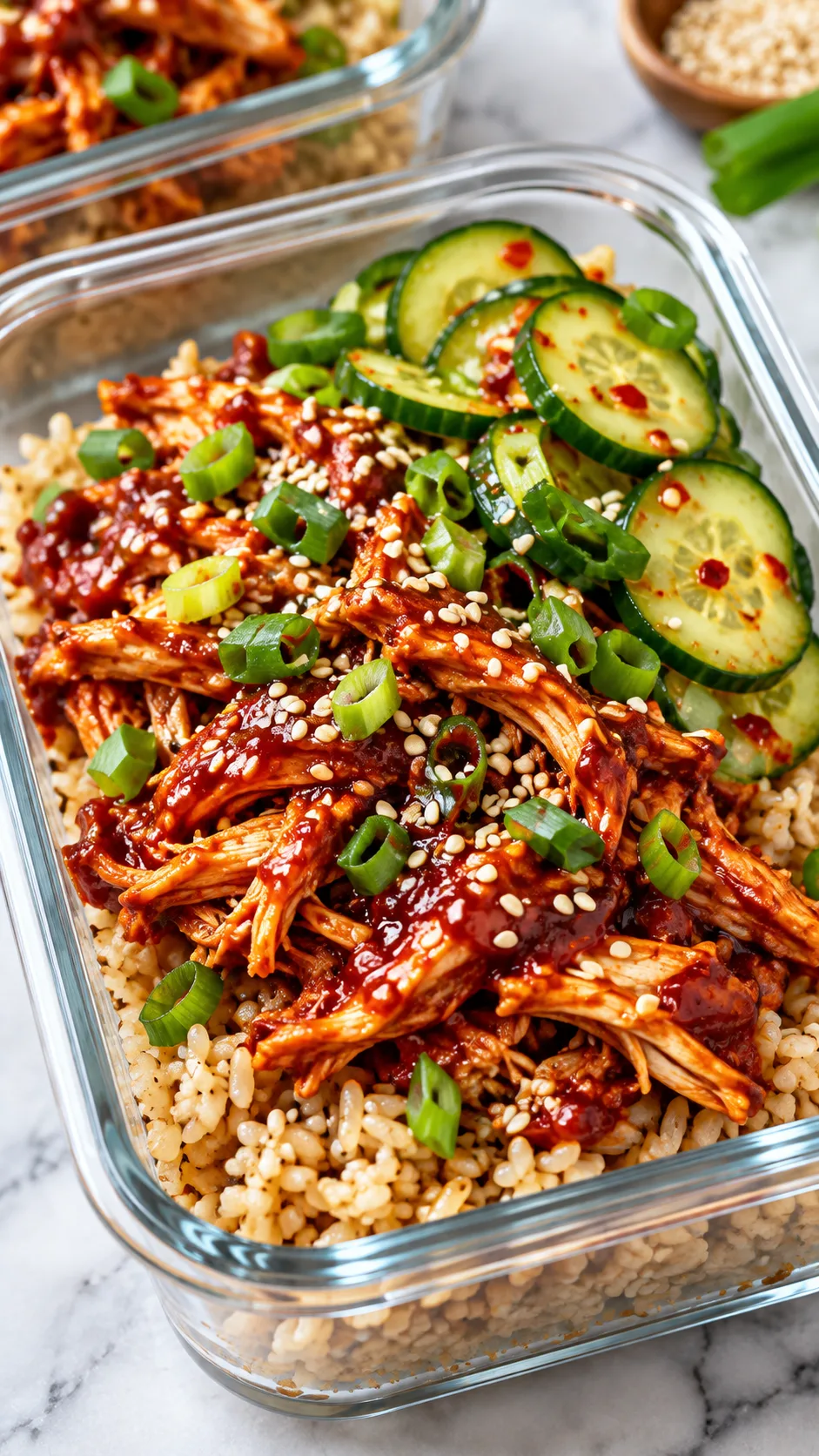 Korean gochujang shredded chicken with red glaze over nutty brown rice, topped with sesame seeds, green onions, and vibrant quick-pickled cucumbers in a glass meal prep box