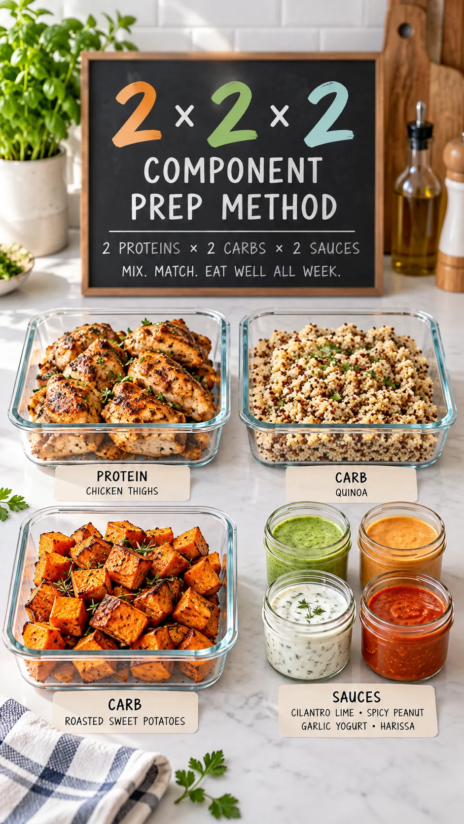 A clean kitchen counter showing the 2x2x2 component prep method with separate glass containers of cooked chicken thighs, quinoa, roasted sweet potatoes, and colorful dipping sauces in small jars