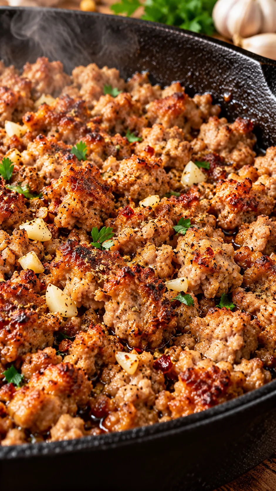 Close-up of seasoned ground turkey sizzling in a cast-iron skillet, showing rich caramelized golden-brown edges, chopped garlic, and vibrant spices