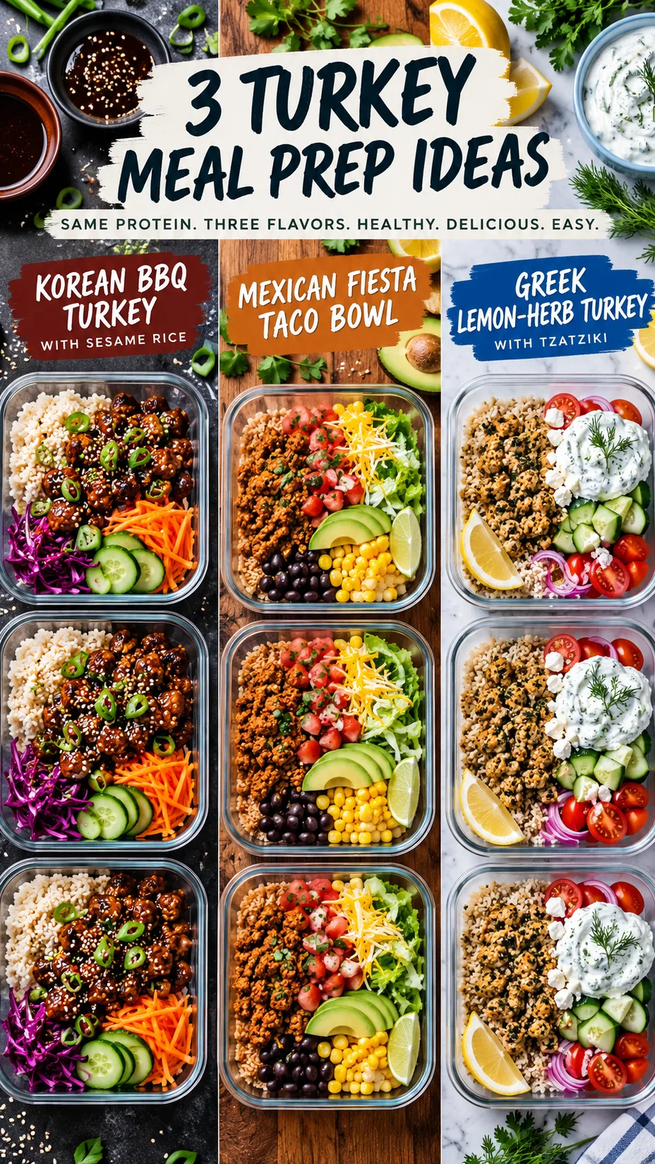 Three different meal prep styles side by side: Korean BBQ turkey with sesame rice, Mexican fiesta taco bowl, and Greek lemon-herb turkey with tzatziki