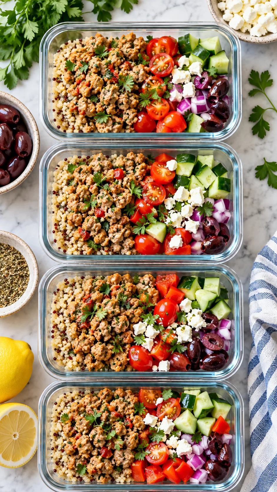 A flat lay photography of neatly stacked clear glass meal prep containers filled with colorful Mediterranean ground turkey, quinoa, and diced crisp vegetables