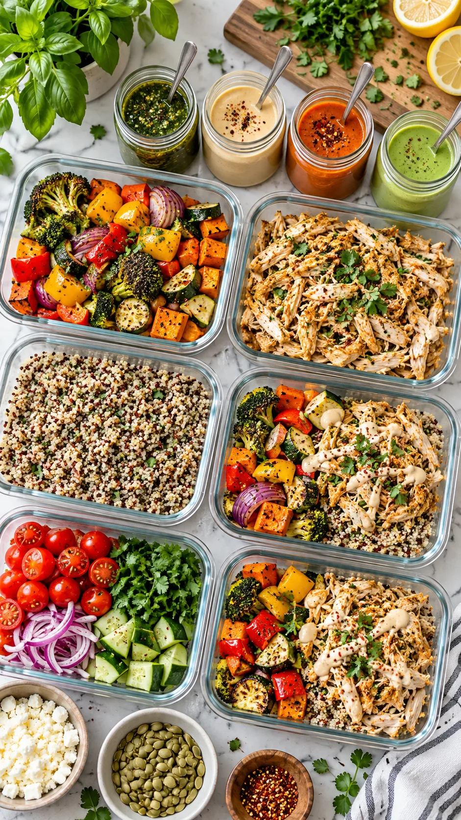 Overhead aesthetic flat-lay shot of modular meal prep glass containers on a bright modern kitchen counter, filled with vibrant roasted vegetables, seasoned shredded chicken, cooked quinoa, colorful sauces in mini mason jars, and fresh herbs