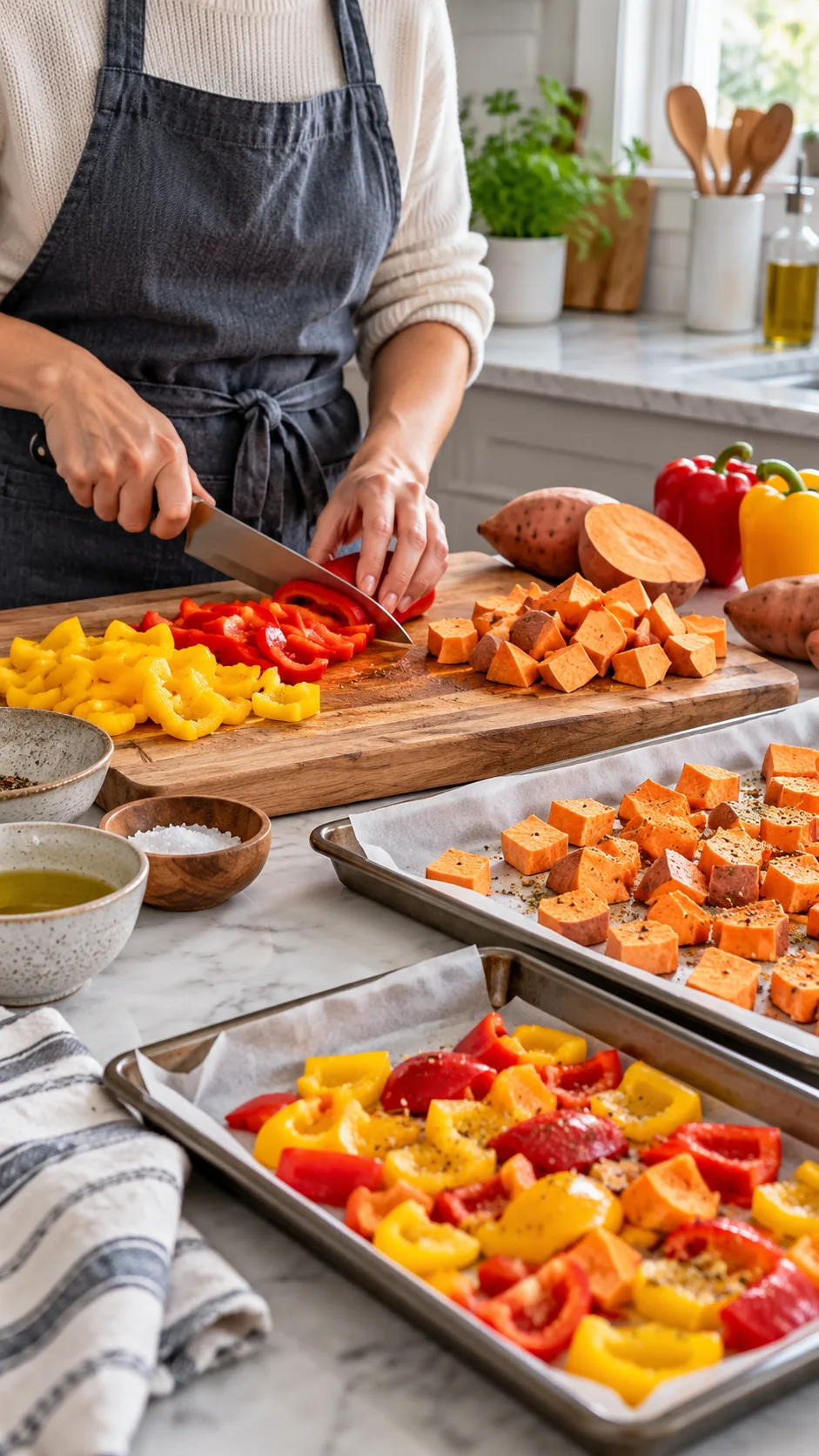Step-by-step kitchen prep counter showing a cook chopping colorful bell peppers and sweet potatoes next to sheet pans lined with parchment paper in natural lighting