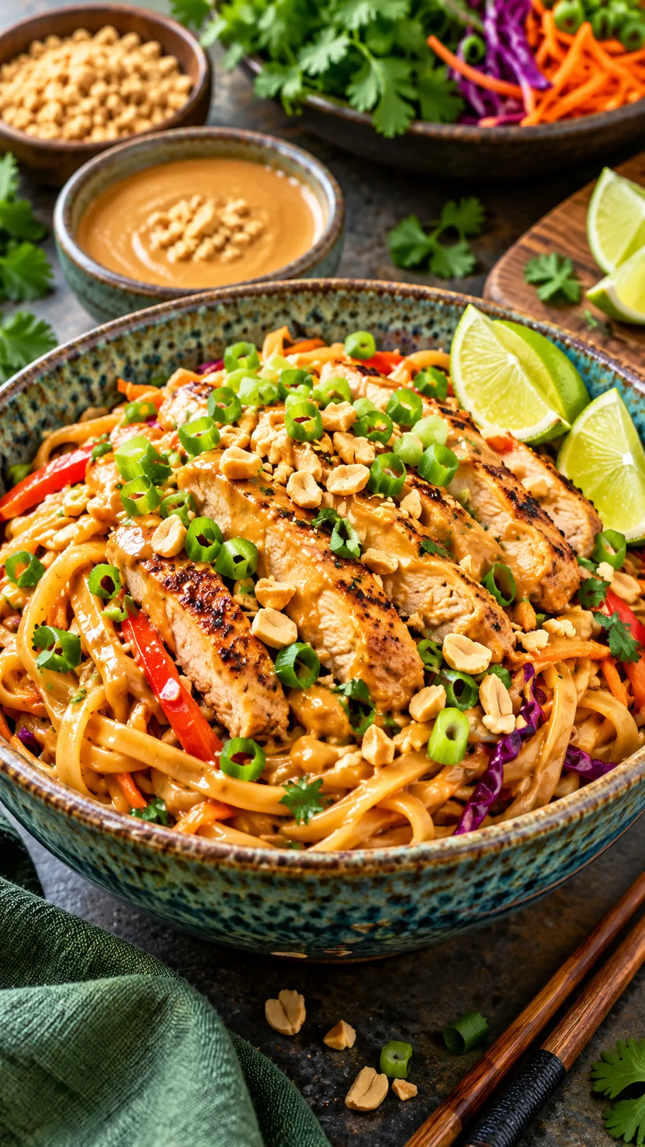 A vibrant dinner spread showcasing a 10-minute Thai peanut noodle chicken bowl garnished with chopped peanuts, green onions, and lime wedges in an artisan ceramic bowl