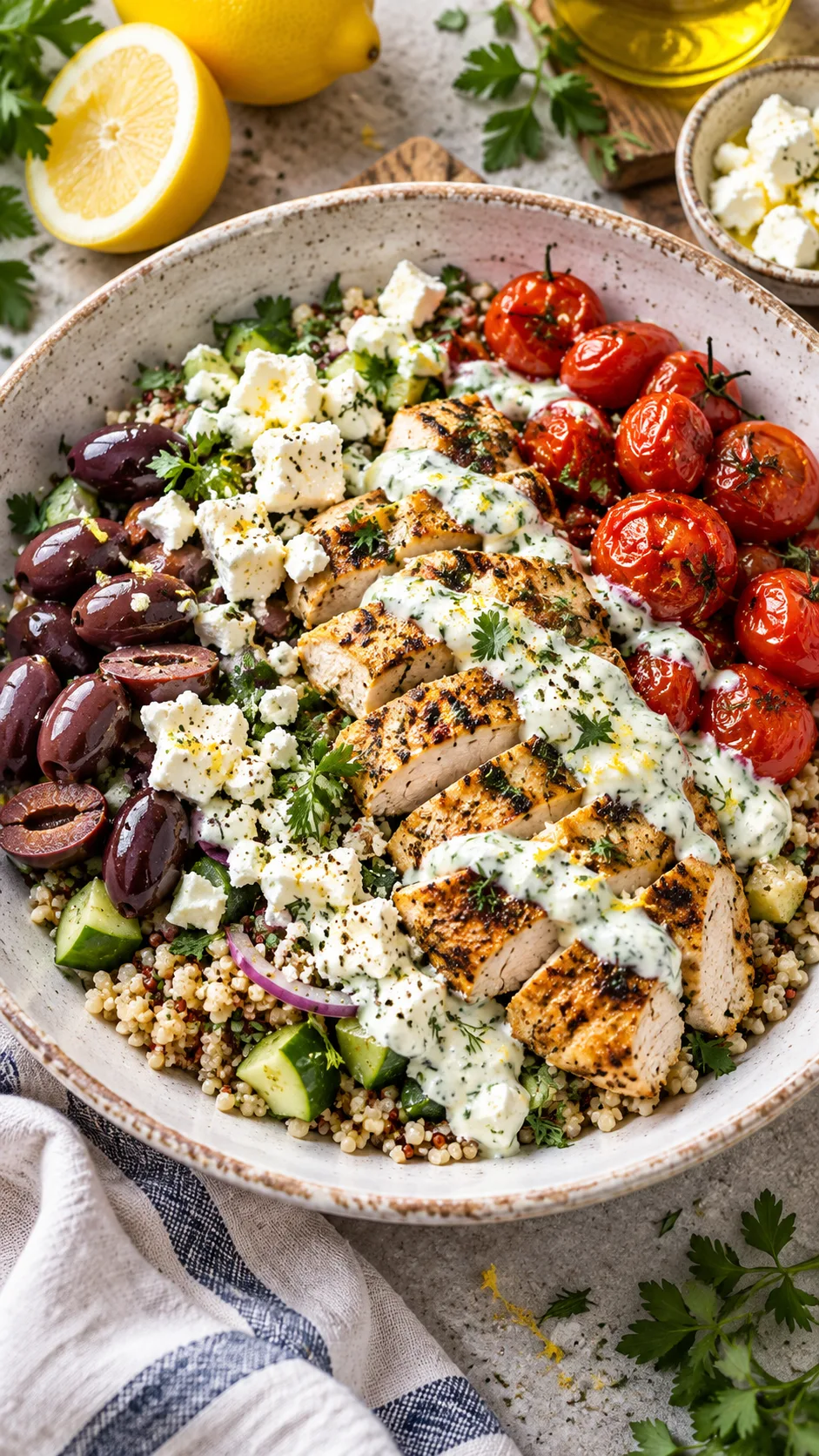 A rustic white ceramic plate with a Mediterranean chicken grain bowl featuring kalamata olives, crumbled feta cheese, blistered cherry tomatoes, and creamy lemon-herb sauce drizzle