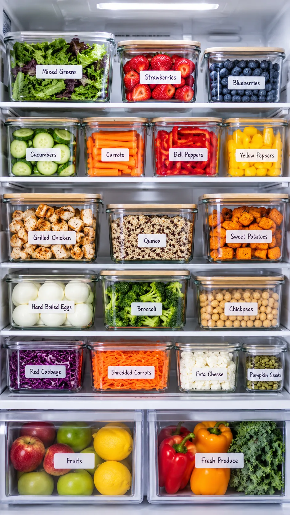 A flat lay composition of labeled glass storage containers filled with prepped ingredients arranged neatly inside a clean, modern refrigerator