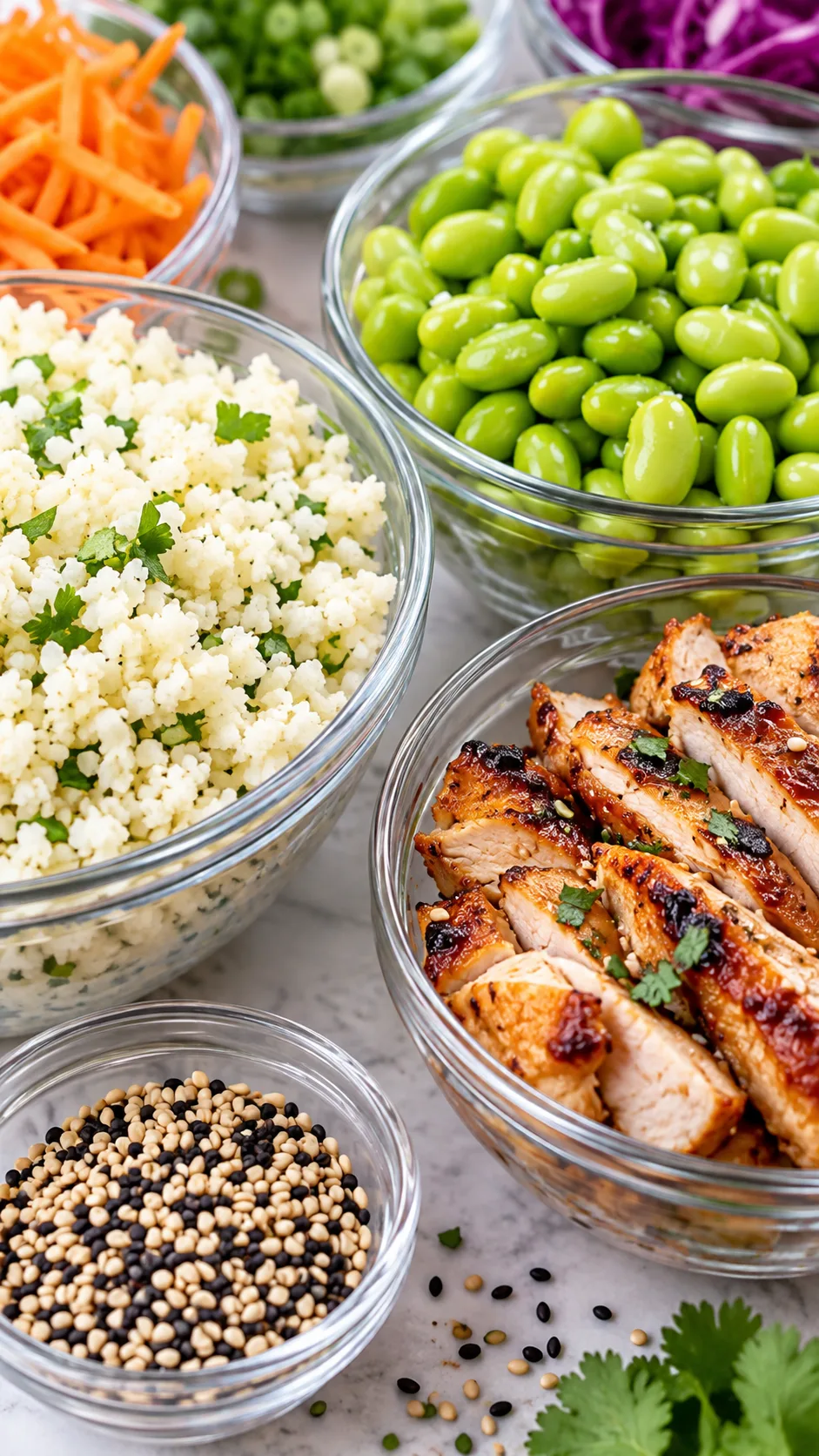 Close up macro shot of fresh colorful ingredients in glass bowls including cauliflower rice, edamame, roasted chicken strips, and sesame seeds