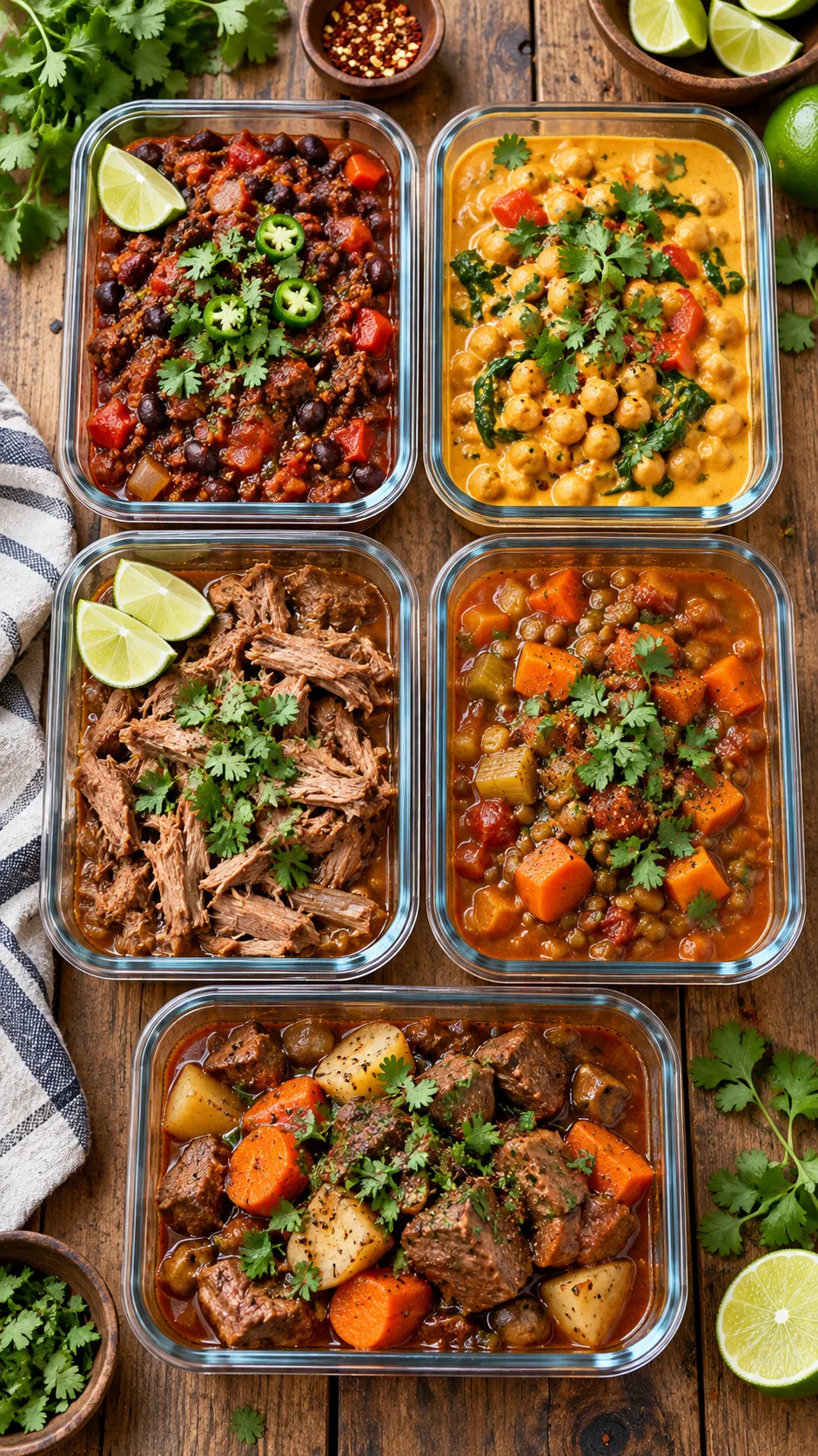 High-angle shot of five glass meal prep containers arranged neatly on a rustic wooden table, filled with vibrant slow-cooked chili, rich coconut chickpea curry, tender braised pork, and savory stews, garnished with fresh cilantro and lime wedges, bright natural lighting