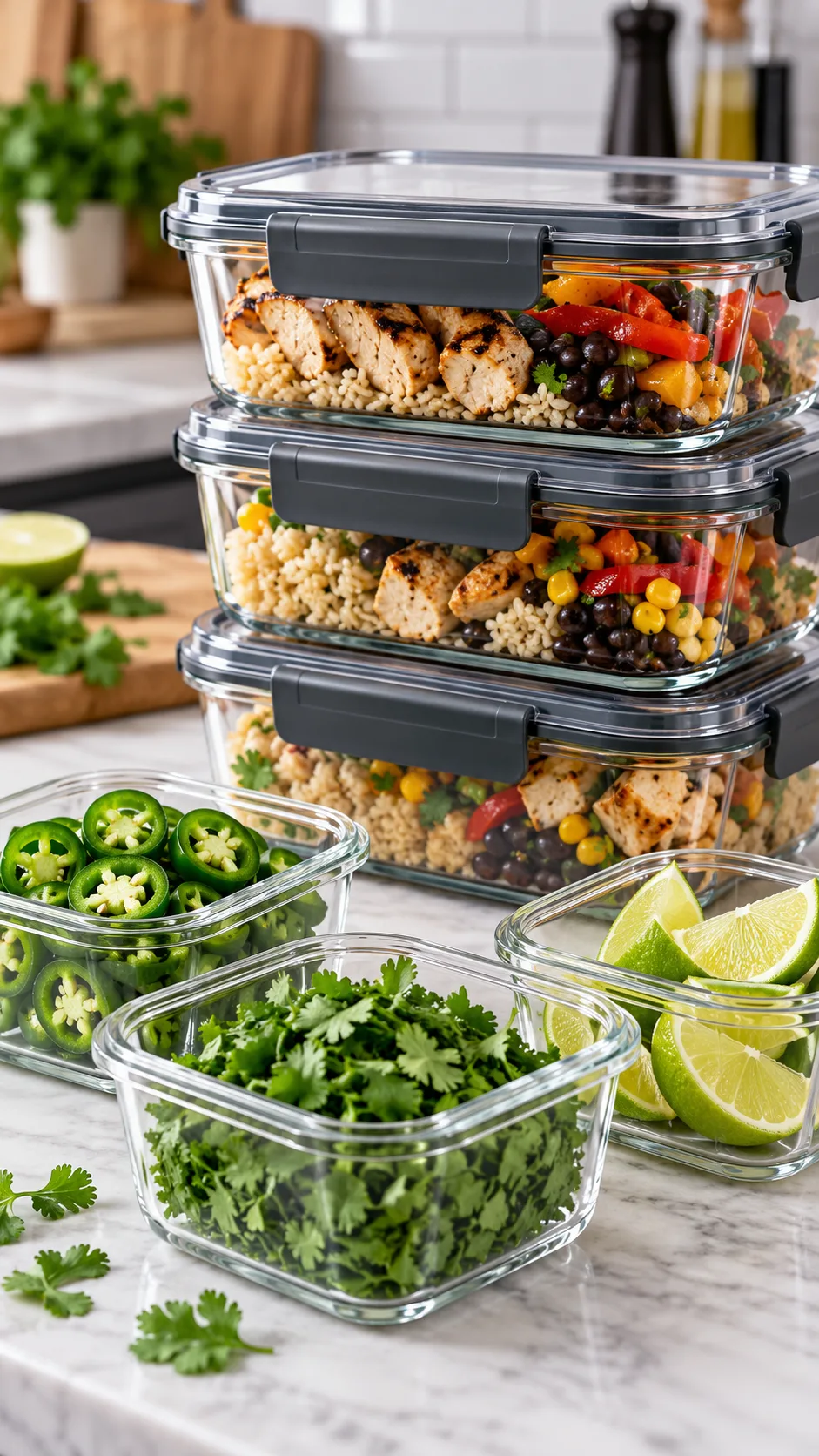 Close-up of a kitchen counter showing premium airtight glass meal prep containers next to separate small containers filled with fresh sliced jalapeños, chopped cilantro, and lime wedges