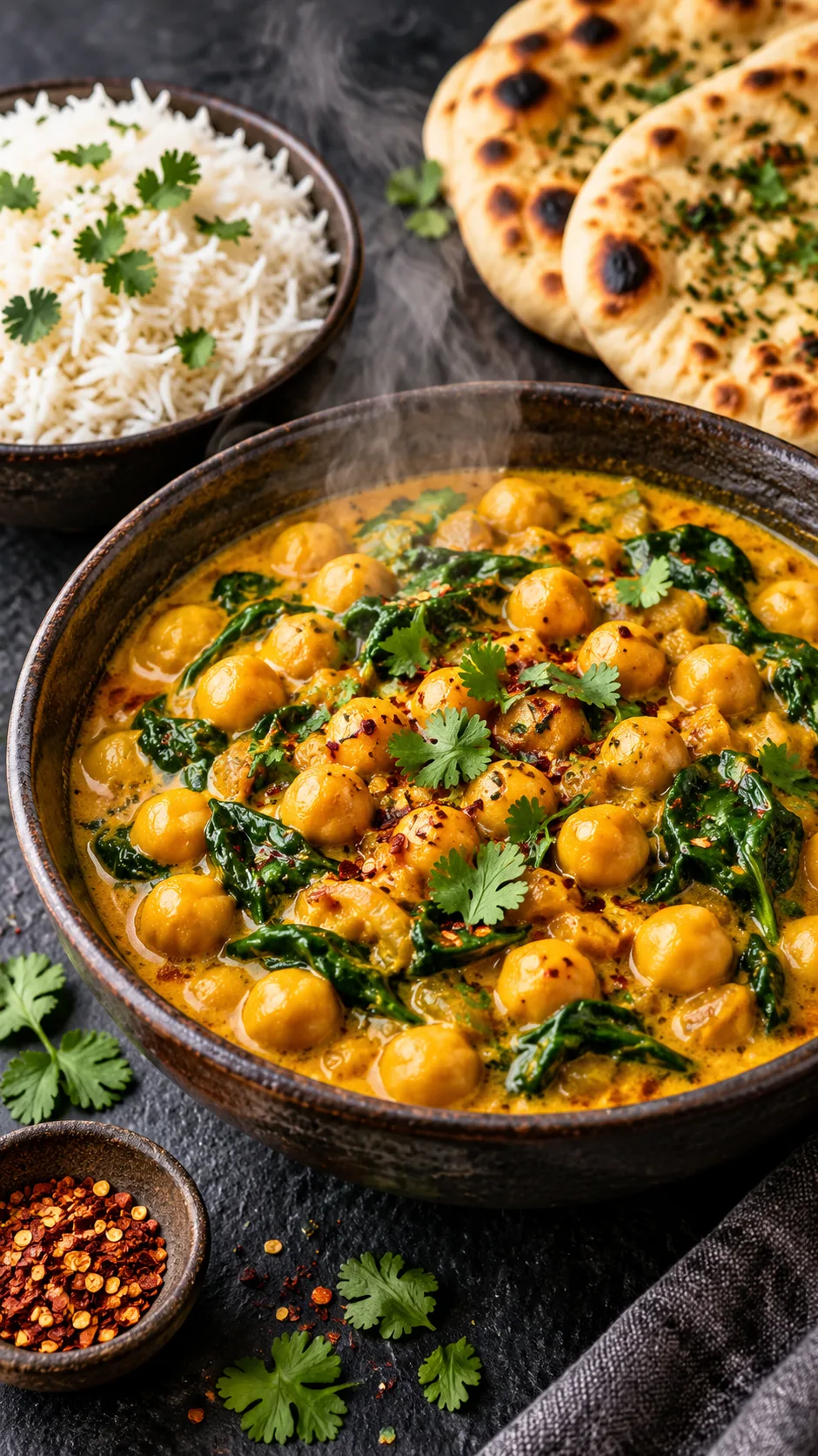 Steaming bowl of rich yellow coconut chickpea curry with vibrant wilted spinach, served alongside fluffy basmati rice and warm naan bread on a dark slate surface