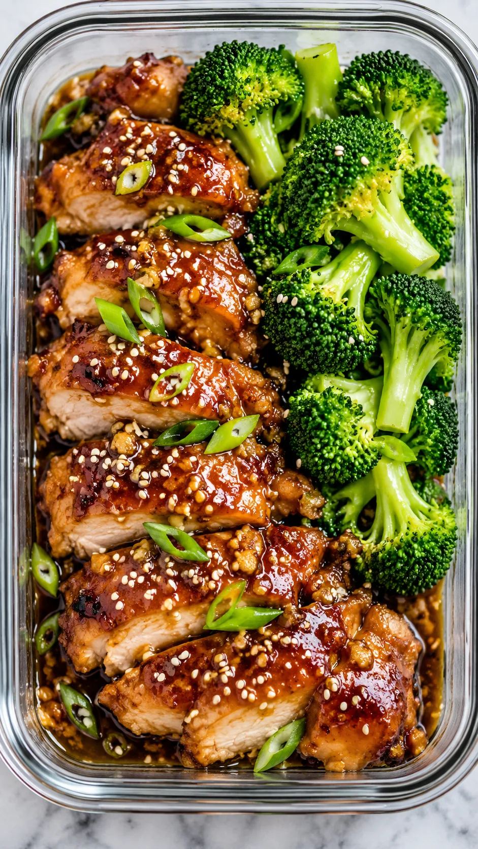 Overhead view of glazed sliced chicken thighs coated in a shiny sesame ginger reduction, sprinkled with white sesame seeds and scallions, served beside steamed broccoli in a meal prep container