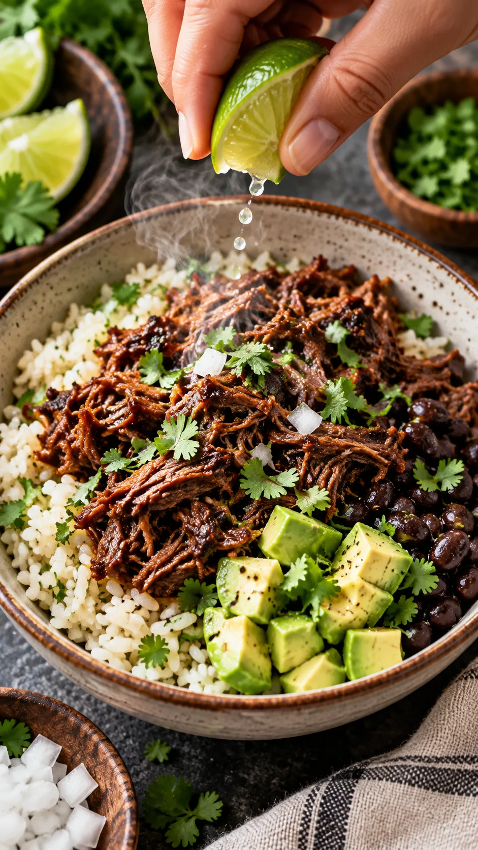 Overhead shot of hands squeezing a fresh green lime wedge over a steaming bowl of reheated beef barbacoa bowl with rice, black beans, and diced avocado