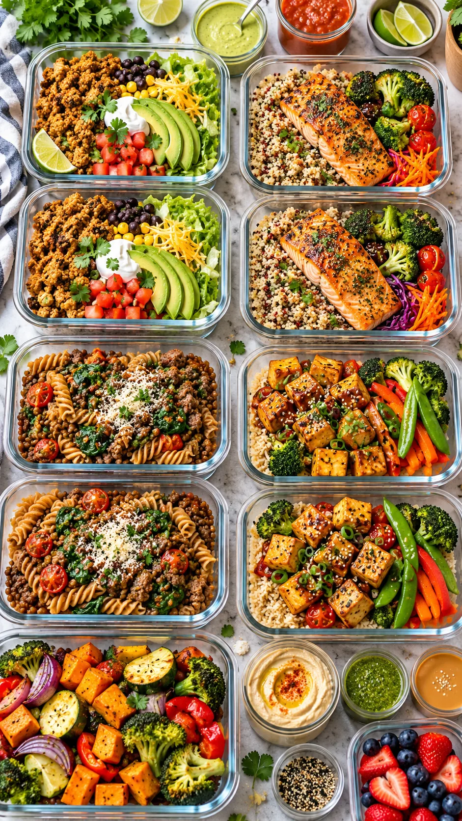 Bright realistic overhead food photography of diverse high protein meal prep containers on a kitchen counter, featuring turkey taco bowls, salmon quinoa bowls, lentil pasta with beef, tofu stir fry, colorful roasted vegetables, sauces in small containers, natural daylight, appetizing healthy meal prep styling
