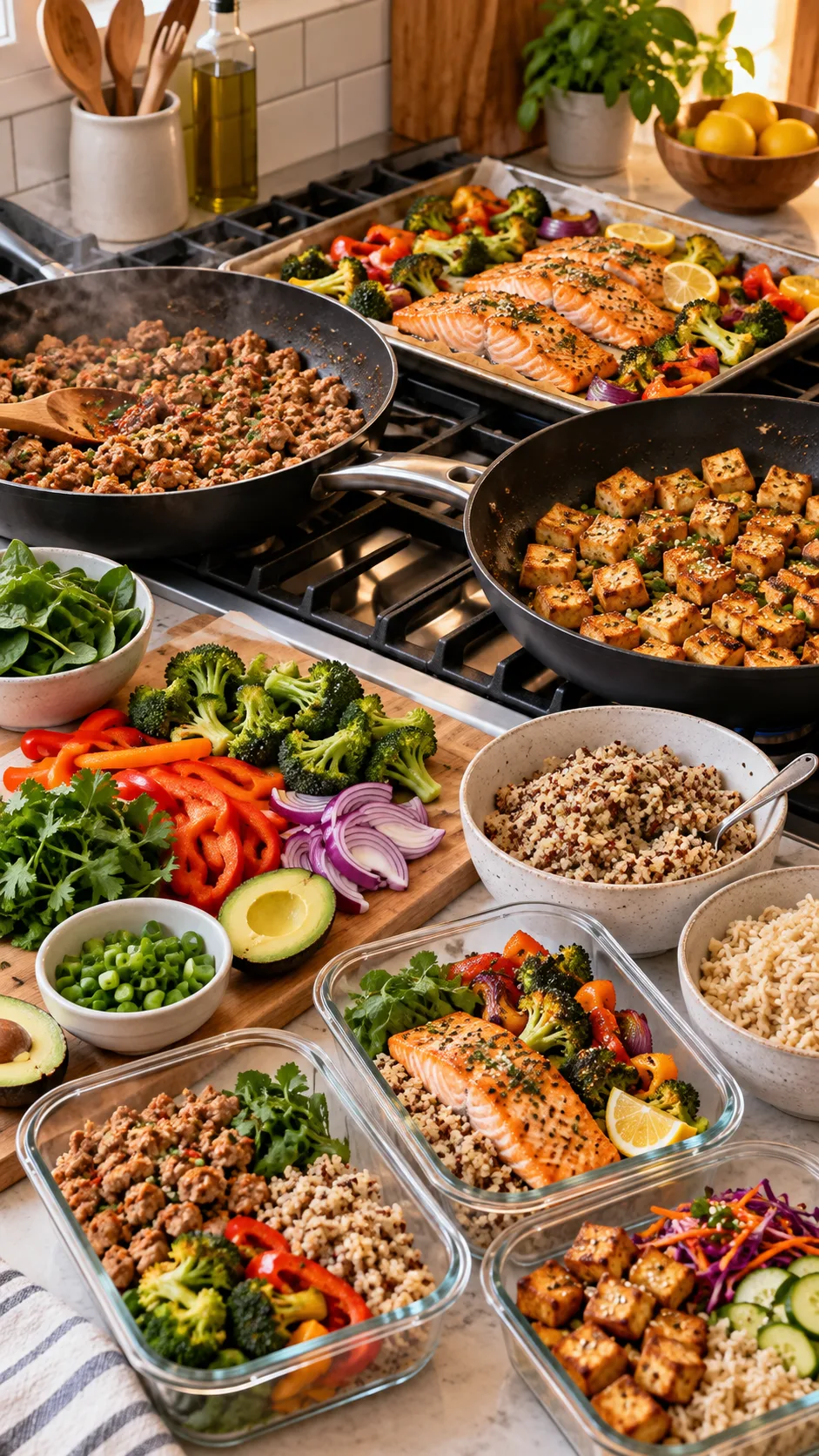 Realistic home kitchen meal prep scene with three separate protein options cooking at once: seasoned ground turkey in skillet, roasted salmon on sheet pan, crispy tofu in pan, colorful vegetables and grains prepared nearby, warm natural lighting, approachable healthy cooking photography