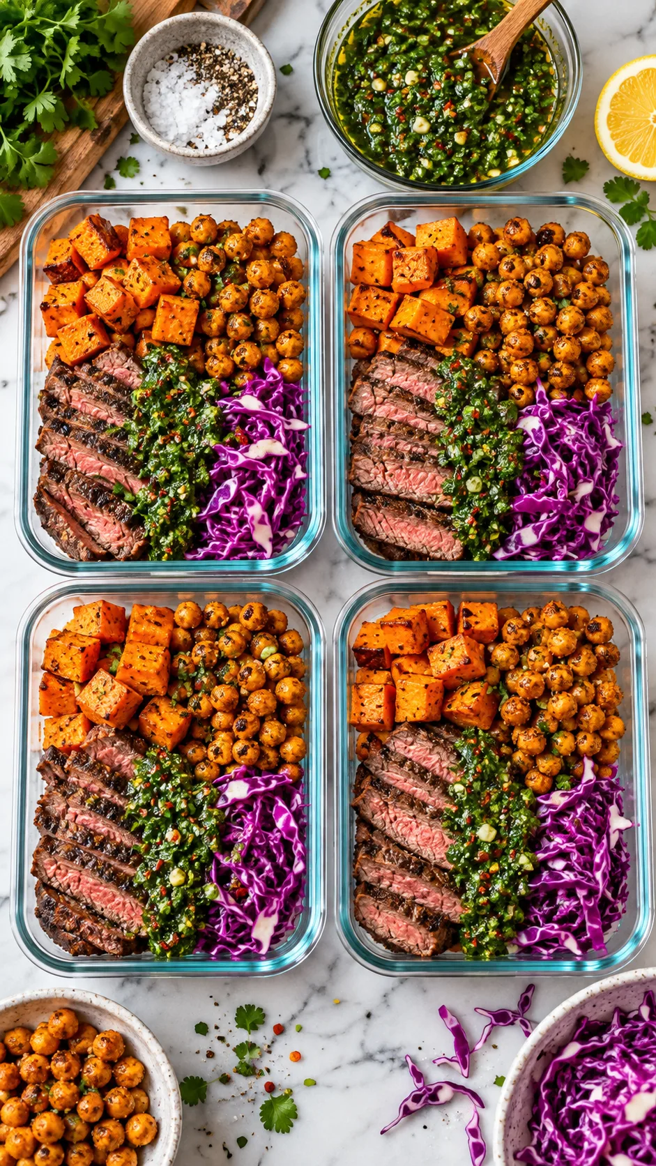 Overhead view of colorful glass meal prep containers filled with roasted sweet potatoes, spiced chickpeas, grilled flank steak, vibrant chimichurri, and crisp purple cabbage on a marble kitchen counter