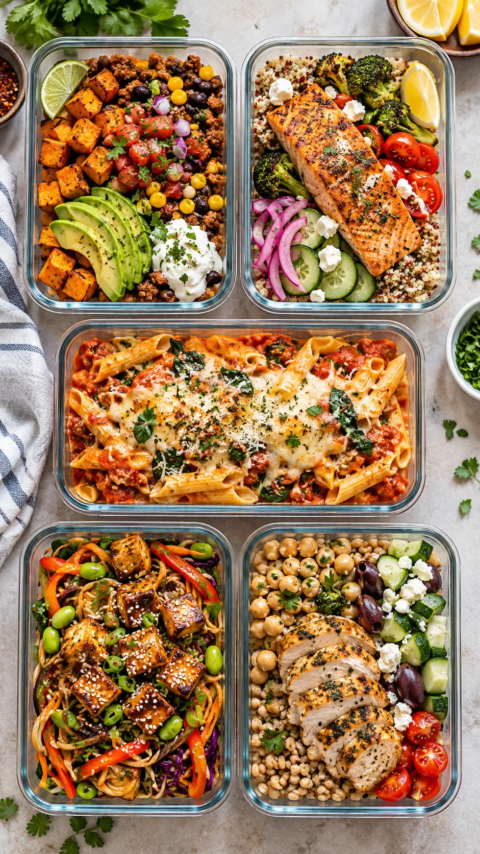 Detailed overhead photography of five colorful high protein meal prep meals arranged in glass containers: turkey taco sweet potato bowl, salmon quinoa bowl, baked protein pasta, crispy tofu noodle box, Mediterranean chicken chickpea farro bowl, bright natural light, realistic appetizing food magazine style