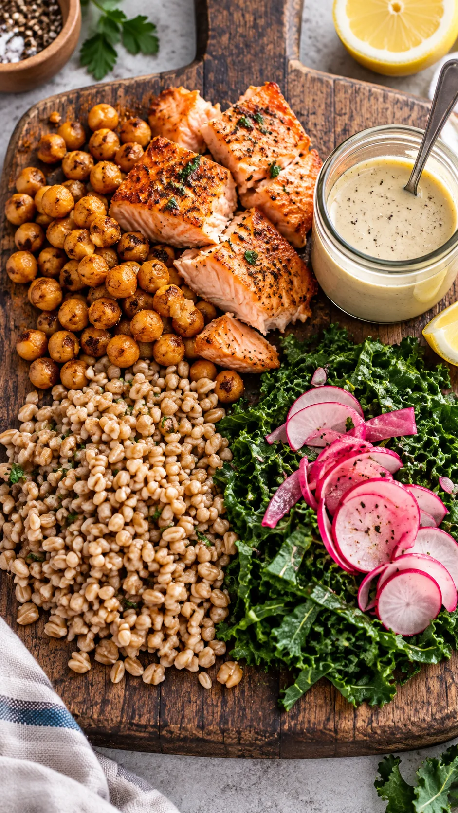 A rustic wooden cutting board displaying the four meal components: roasted chickpeas and salmon, farro grain, raw shredded kale and pickled radishes, and a small glass jar of lemon tahini dressing