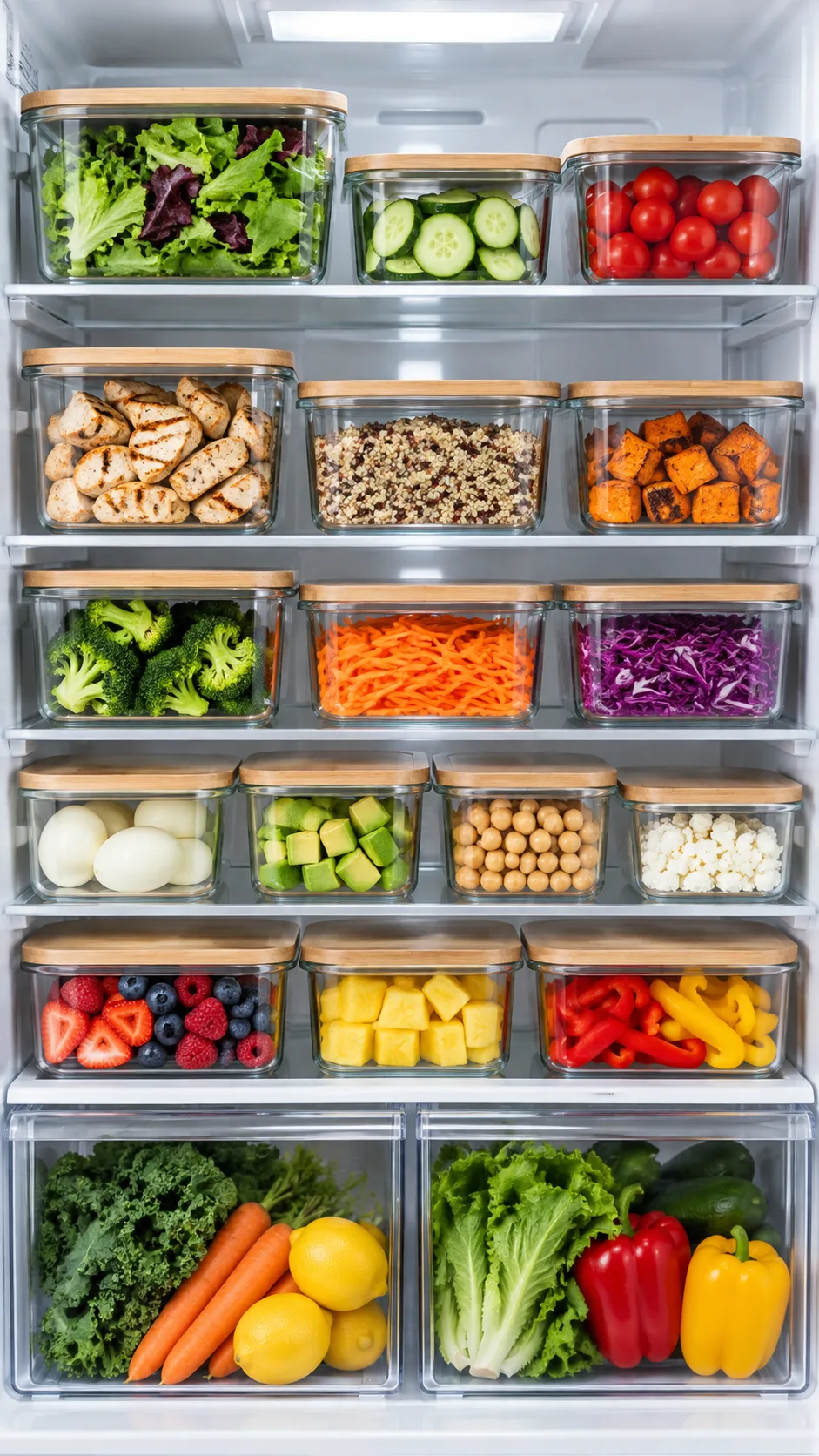 Multiple clear glass storage containers filled with separate prepped ingredients arranged neatly inside a clean, modern refrigerator