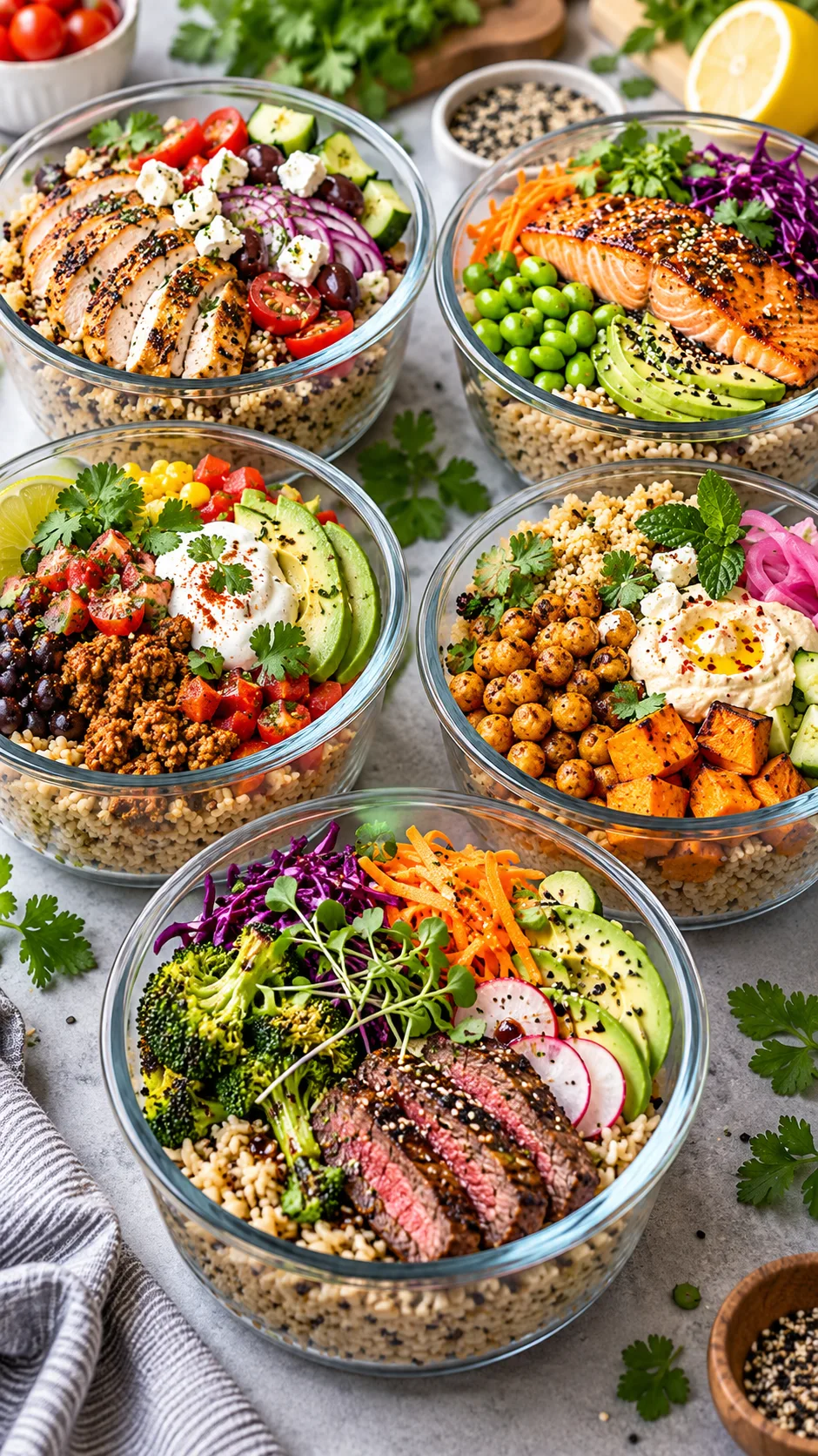 Five different beautiful grain and protein bowls displayed side-by-side in high-end glass prep bowls with colorful toppings and fresh herbs