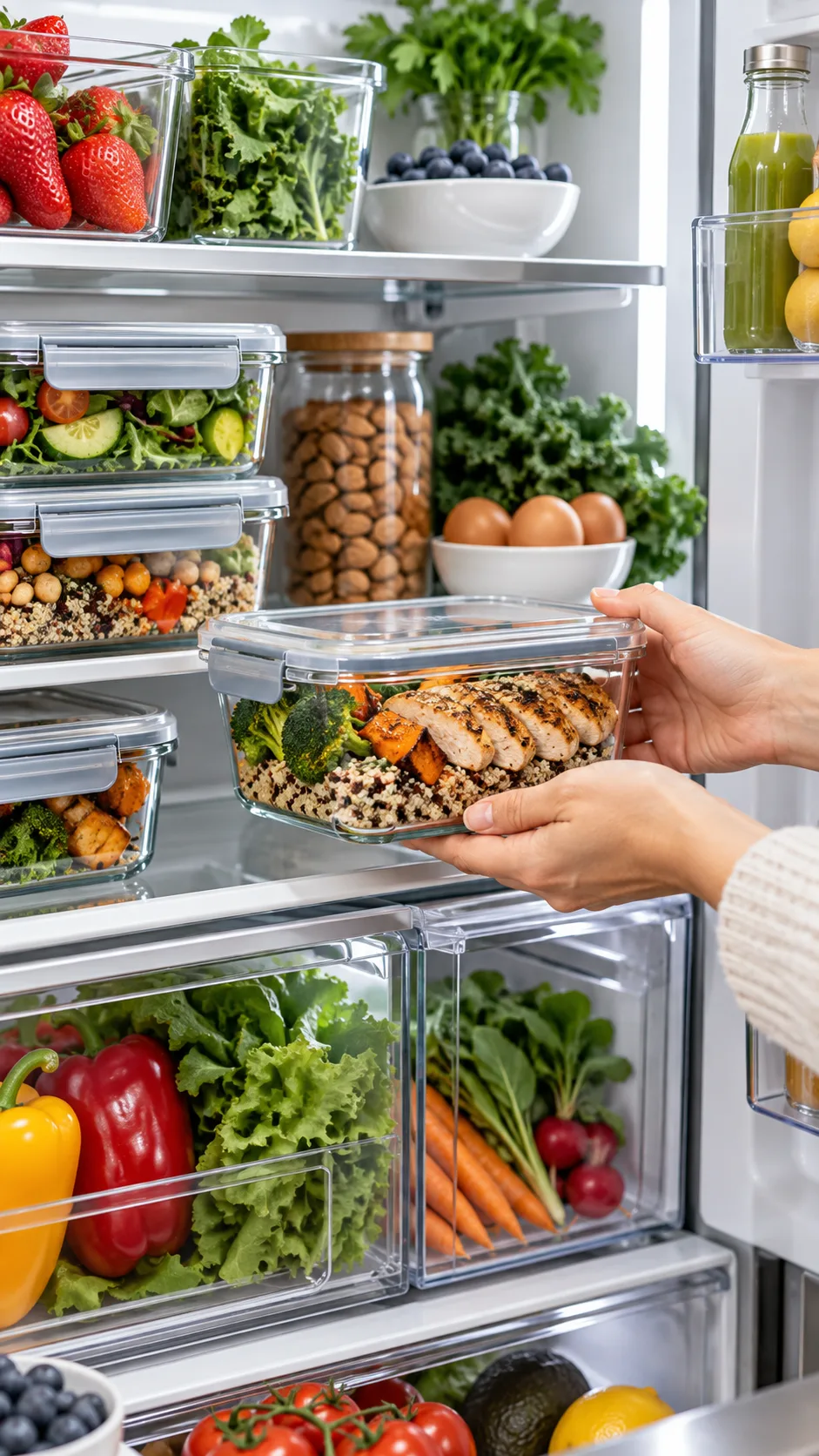 Hand placing an airtight borosilicate glass meal prep container into a modern refrigerator organized with fresh whole food ingredients