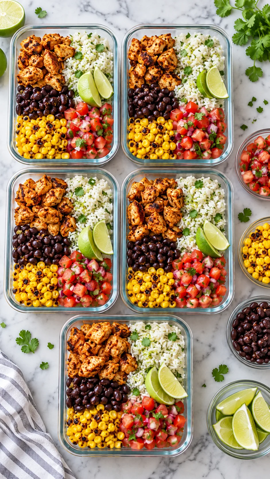 Overhead tabletop shot of five glass meal prep containers filled with colorful, distinct taco bowl ingredients: seasoned chicken, lime rice, black beans, charred corn, vibrant pico de gallo in separate side cups, and lime wedges on a clean marble surface