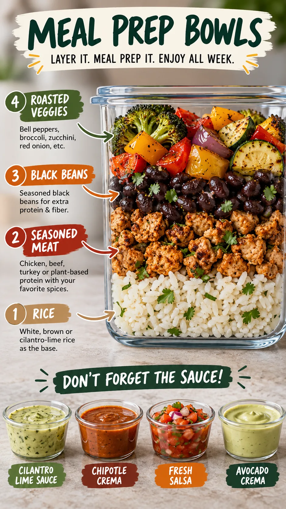 Step-by-step culinary diagram showing cross-section layering of a meal prep bowl: rice on the bottom, seasoned meat and black beans in the middle, roasted vegetables on top, with separate sauce containers on the side