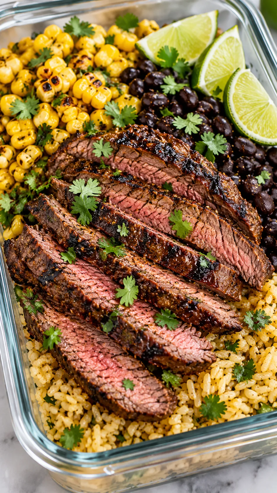 Close up shot of sliced chipotle lime flank steak layered over golden cilantro rice, grilled corn, black beans, and fresh lime wedges in a modern glass dish