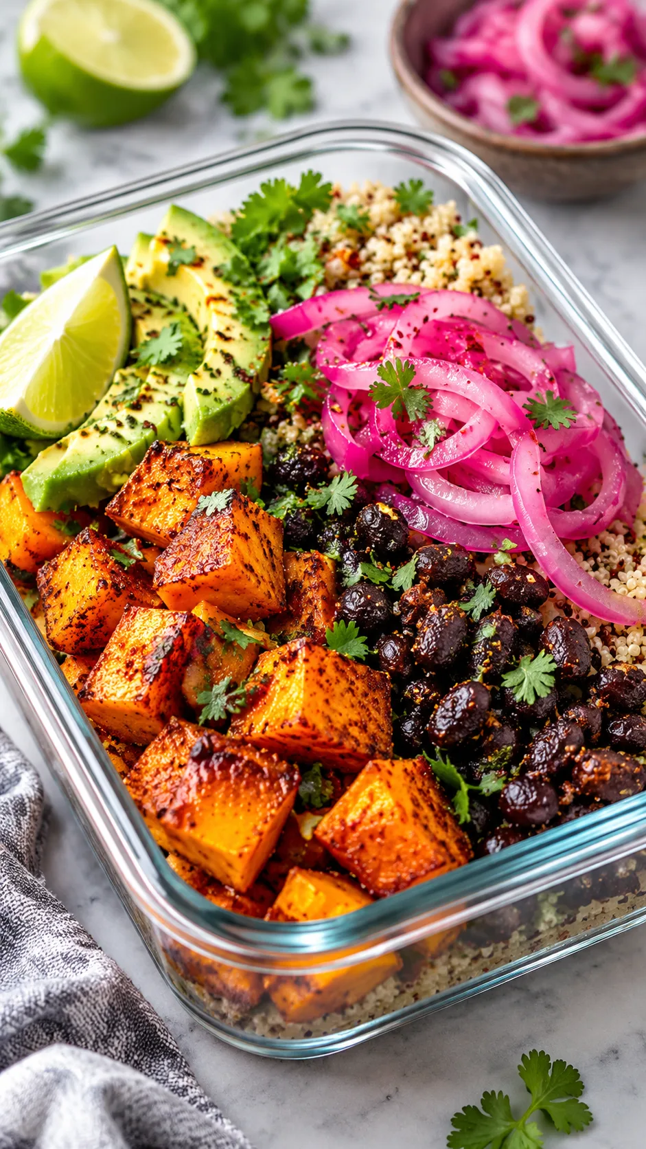 Vibrant plant-based meal prep bowl displaying caramelized spiced sweet potato cubes, crispy black beans, fluffy quinoa, and pickled red onions in a sleek glass dish