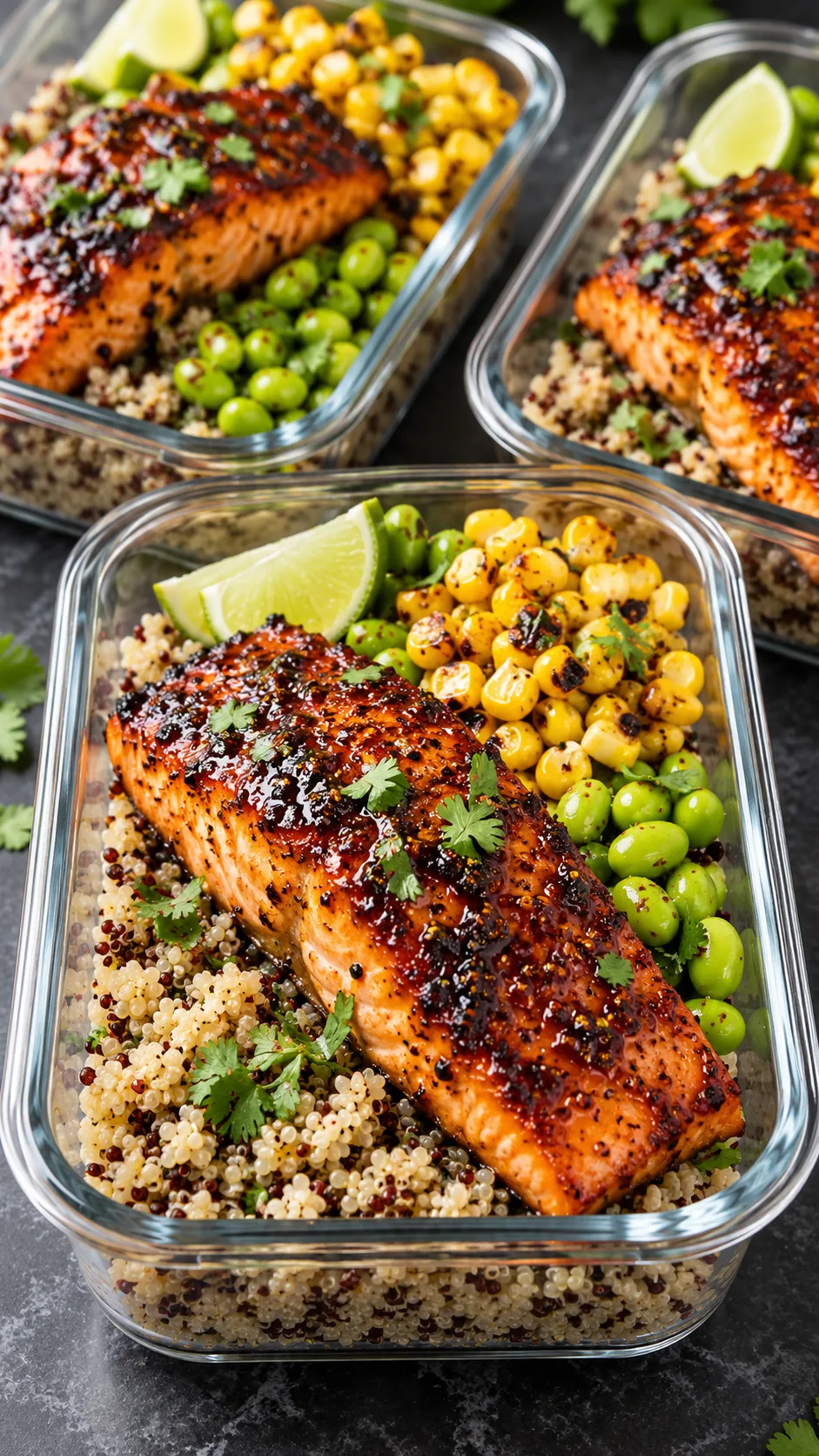 High-end studio shot of glazed, blackened honey chipotle salmon fillets resting over fluffy quinoa, roasted corn, edamame, and lime wedges in meal prep containers