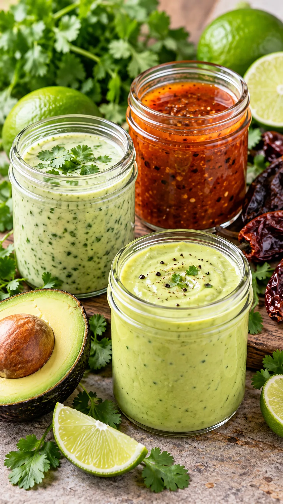 Three clear glass mini jars filled with distinct homemade dressings: a pale green cilantro crema, a deep reddish-orange chipotle vinaigrette, and a creamy light green avocado dressing surrounded by fresh limes and herbs