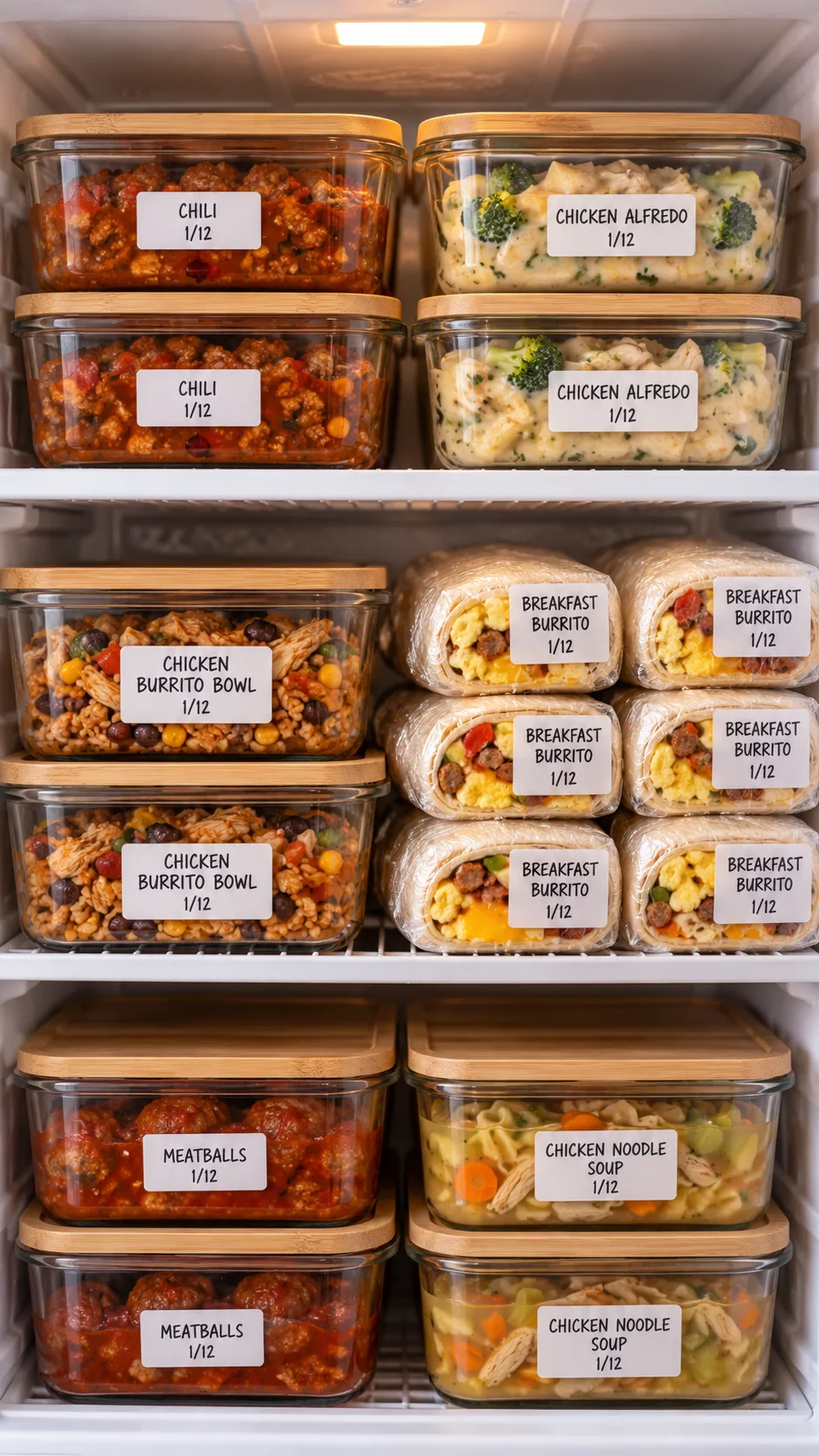 A clean, organized freezer shelf filled with labeled glass meal prep containers and tightly wrapped breakfast burritos, warm kitchen lighting, professional food photography style