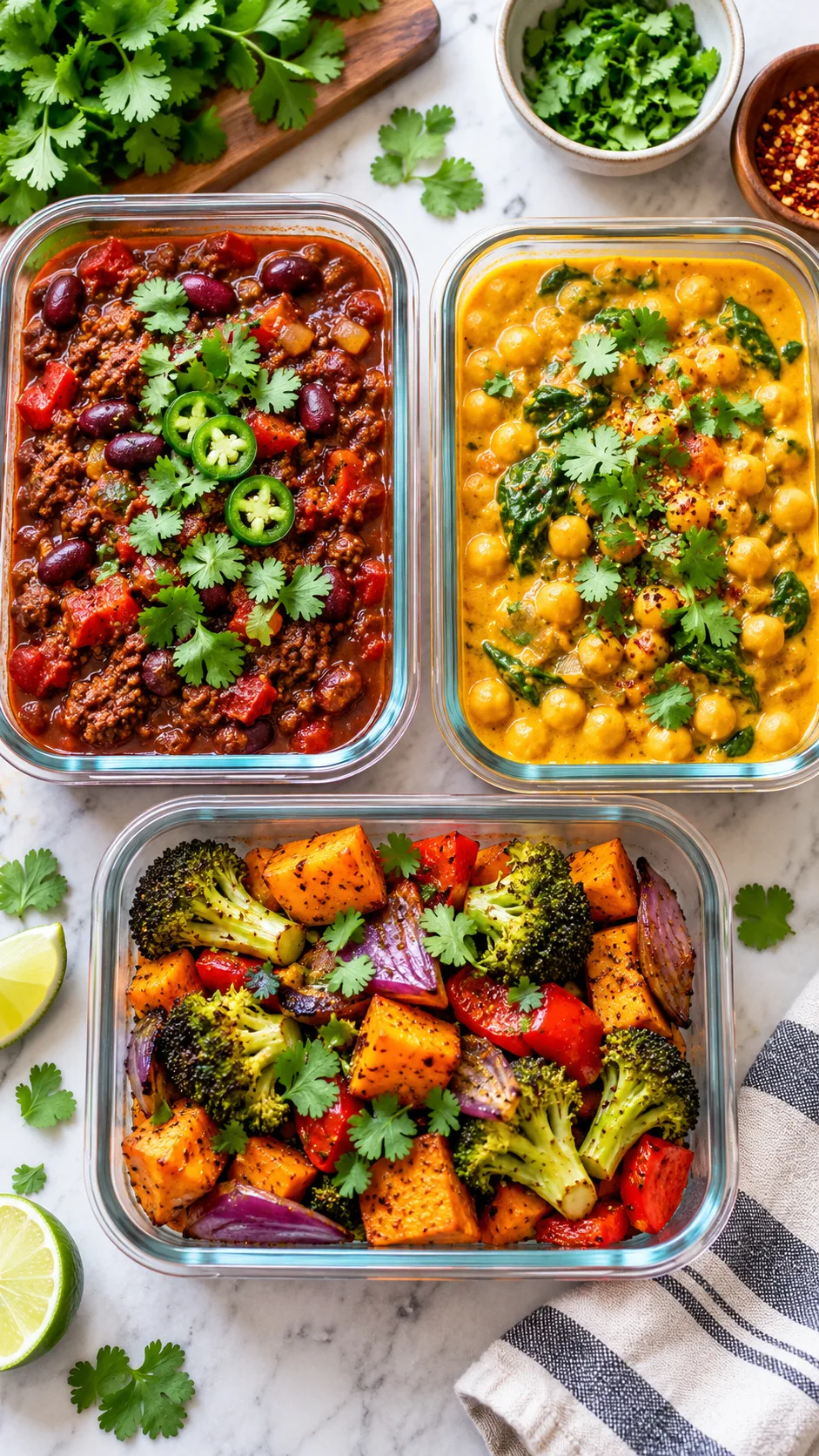Overhead view of glass meal prep bowls containing vibrant beef chili, golden chickpea curry, and roasted vegetables, garnished with fresh cilantro