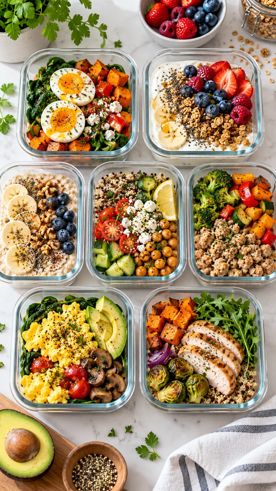 Bright overhead food photography of seven colorful high-protein breakfast meal prep bowls arranged on a clean kitchen counter in glass containers, featuring egg bowls, yogurt bowls, oatmeal bowls, quinoa bowls, turkey bowls, berries, greens, and roasted vegetables, natural morning light, realistic healthy meal prep editorial style
