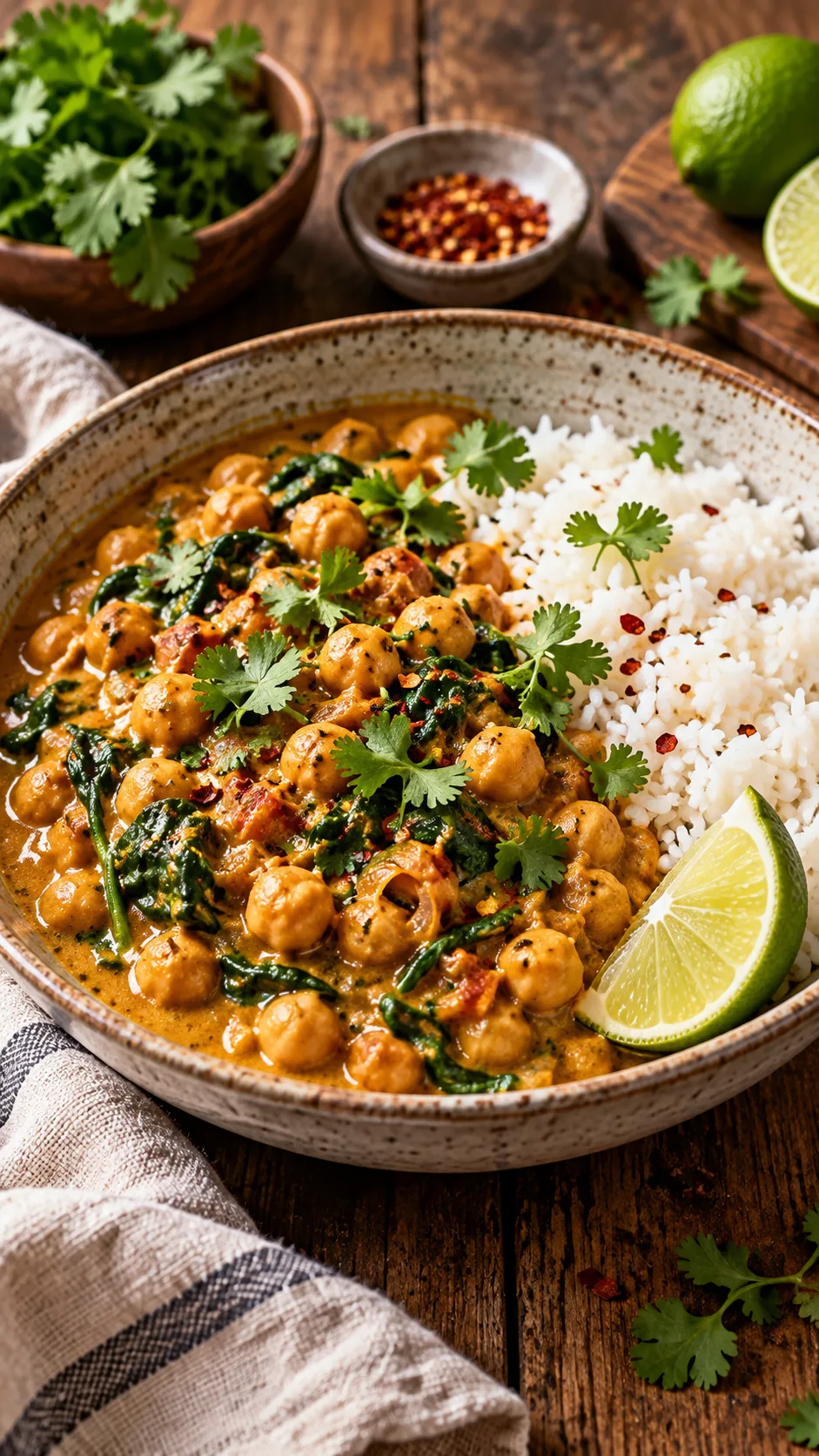 A bowl of creamy coconut chickpea curry with wilted greens, served alongside steamed jasmine rice and a wedge of fresh lime, rustic table setting