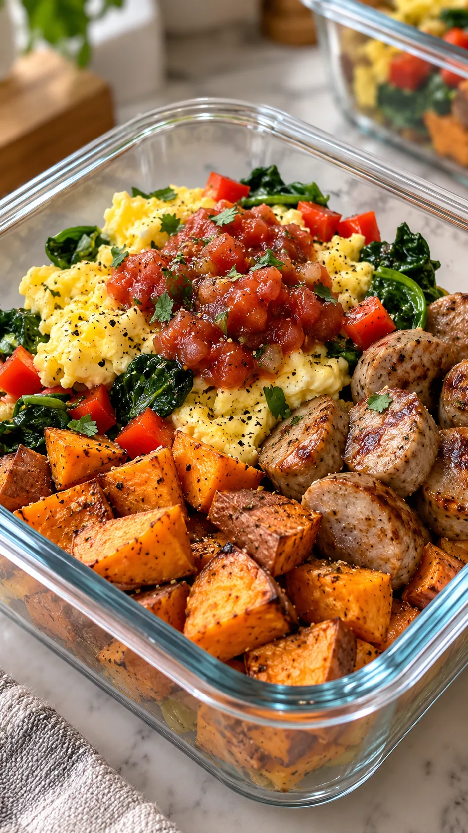 Close-up realistic food photography of a high-protein turkey sausage egg sweet potato breakfast meal prep bowl in a glass container, roasted sweet potatoes, scrambled eggs, spinach, red pepper, salsa on top, warm natural kitchen light