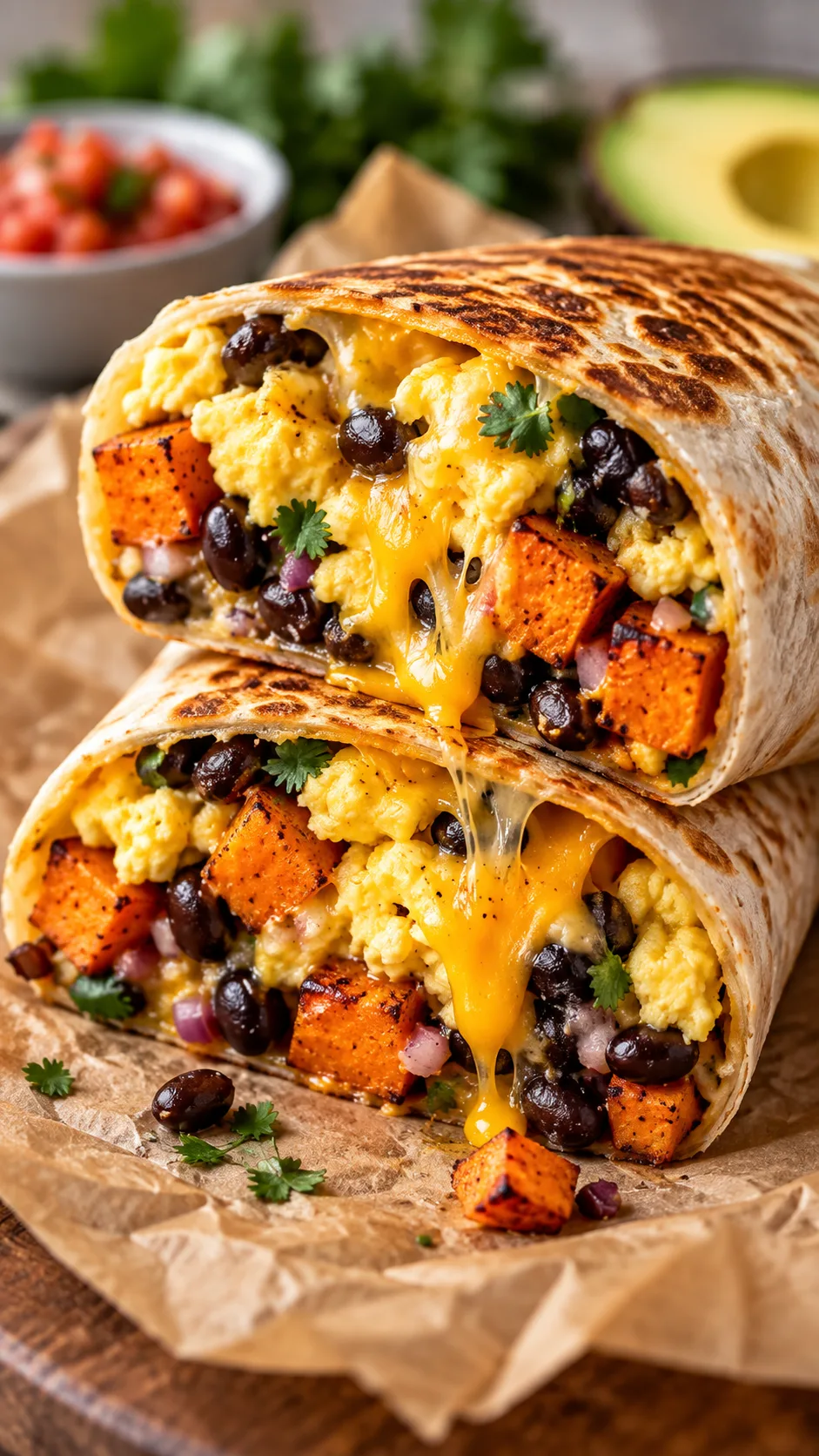 Two halves of a freshly toasted breakfast burrito showing melted cheese, roasted sweet potatoes, black beans, and scrambled eggs, set on brown parchment paper